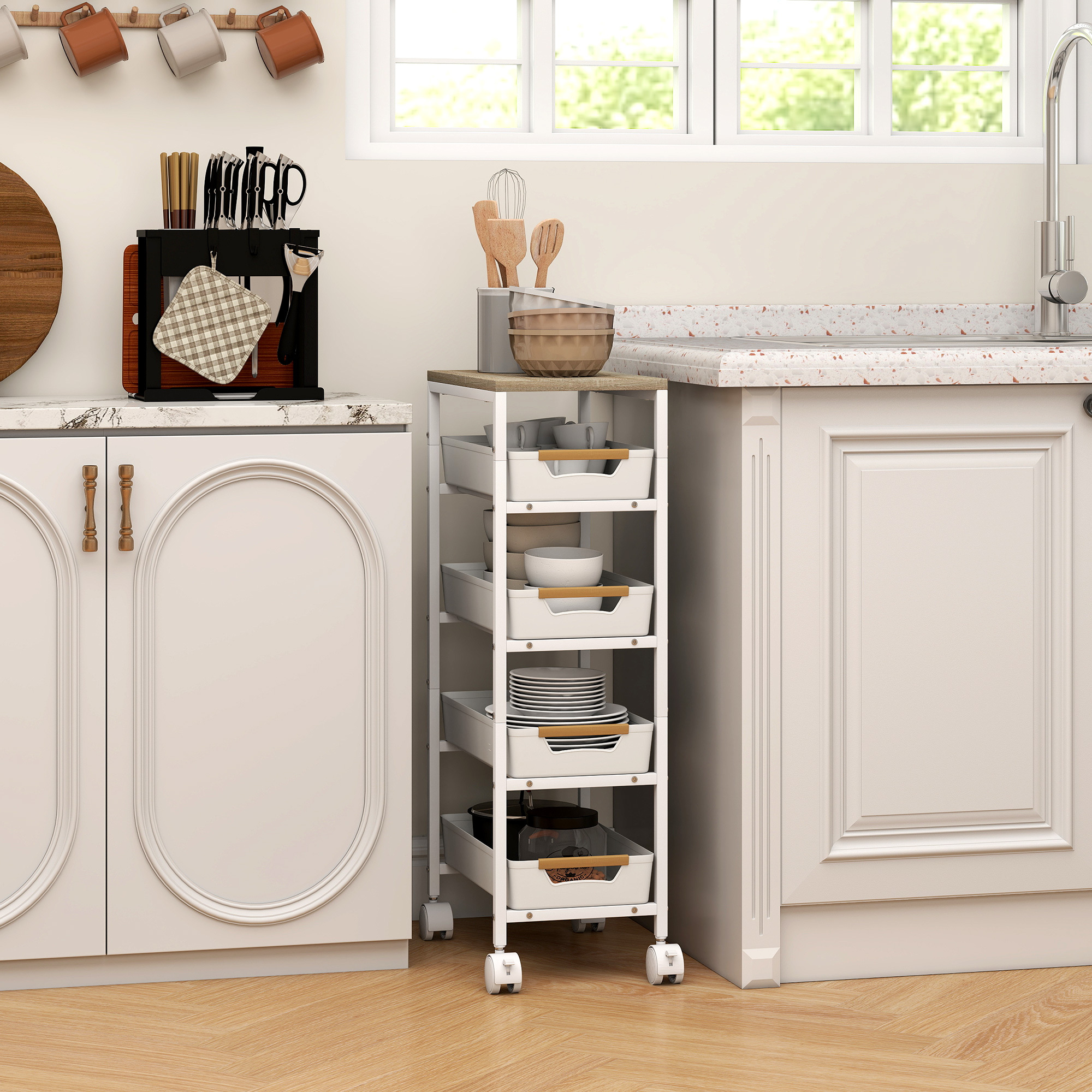 Kitchen Cart On Wheels With 5 Tiers, Serving Cart With 4 Pull-out Drawers, Kitchen Shelf On Wheels, Multipurpose Storage Cart For Kitchen, Office, Living Room, White