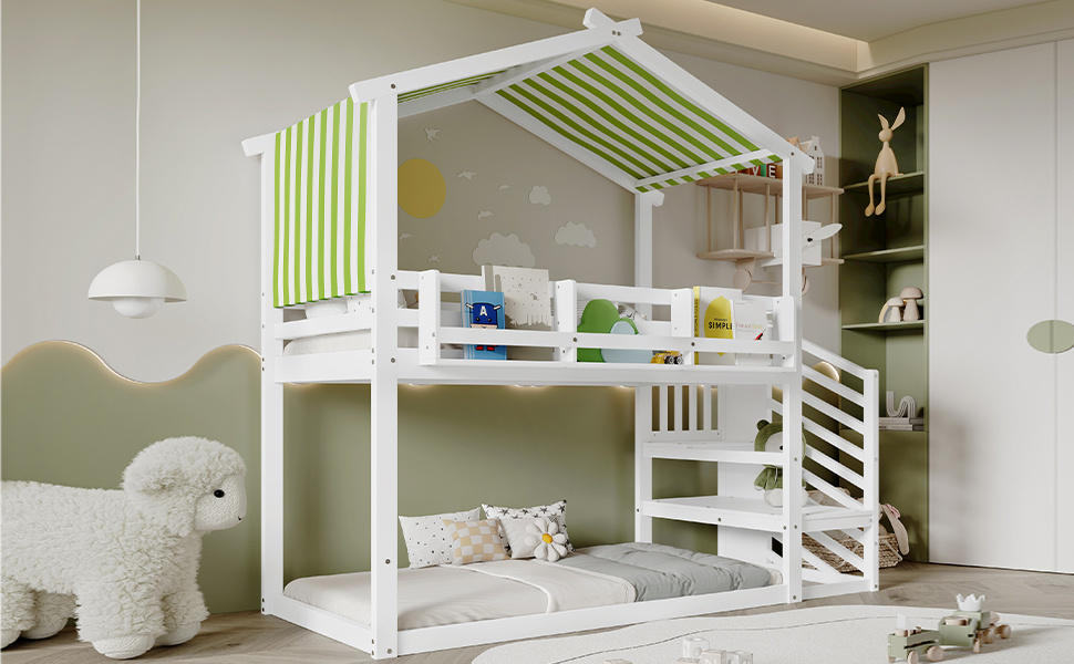 Kids & Teens Bunk Bed 3ft (90x190cm) | White & Green | Corner Stairs + Decorative Canopy + Mini Book Nook | Pine + MDF + Plywood