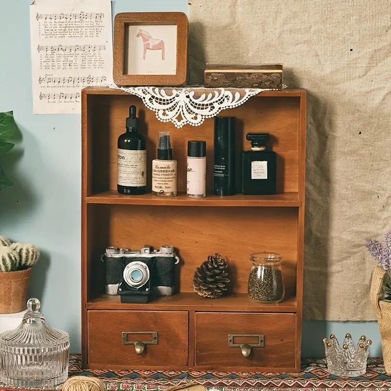 TEMU 1pc Floating Shelves Wall Mounted With 2 Drawers - Vintage Wooden Storage Shelf, Multifunctional Display Rack For Makeup/jewelry/books, Chest Of