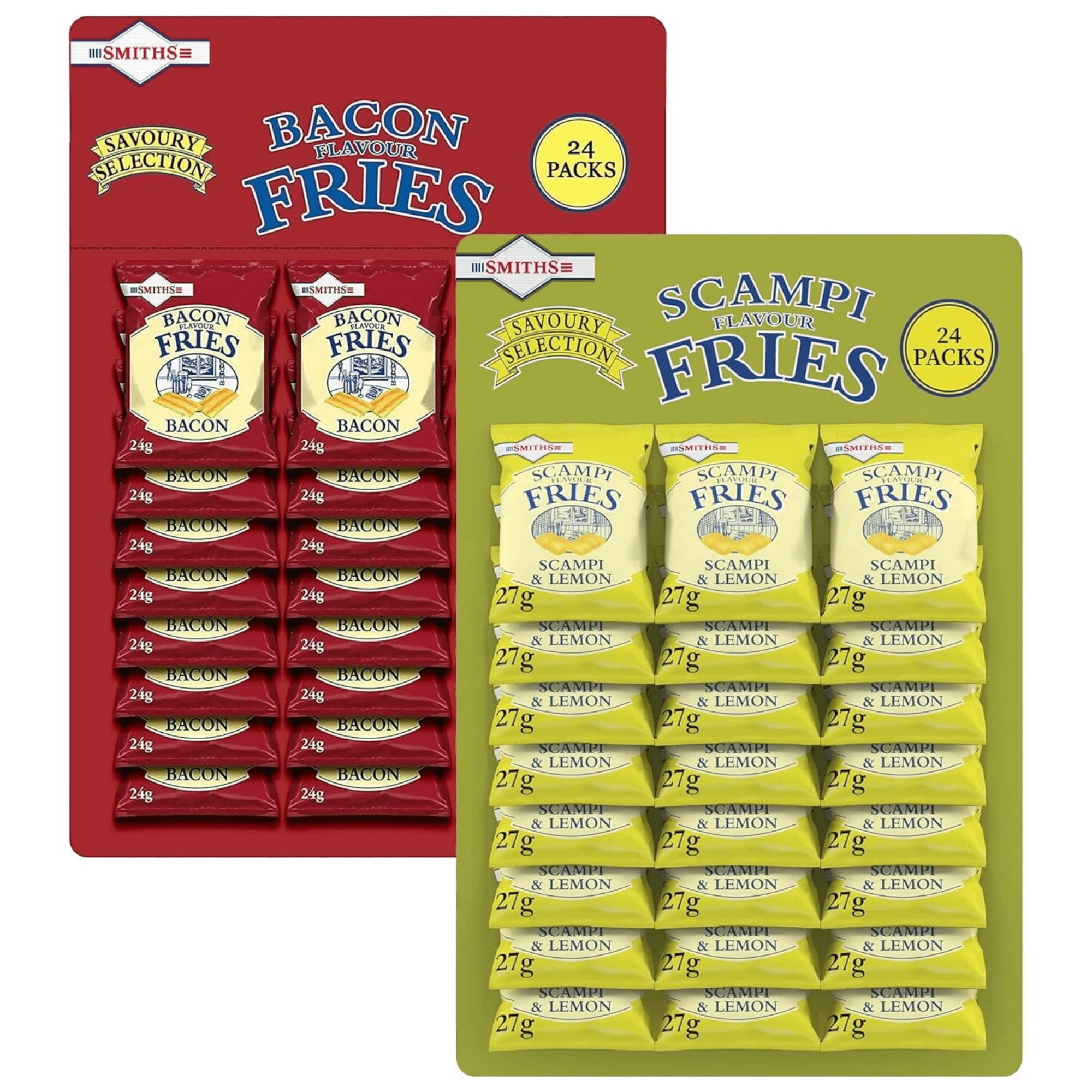 TEMU Smiths Savoury Snacks Card Bundle – 48 Pack Mix Of Scampi Fries (24 X 27g) & Bacon Fries (24 X 24g), Classic-style Snacks, Display-ready Pubcard