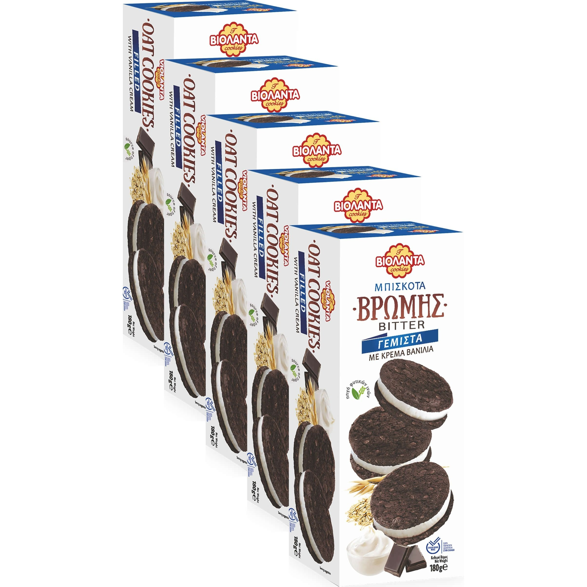 Image of Double , Filled Dark Cocoa Oat With Vanilla Cream, Dietary Fiber Source, 900g, 5 Packs Of 180g Each, From Greece