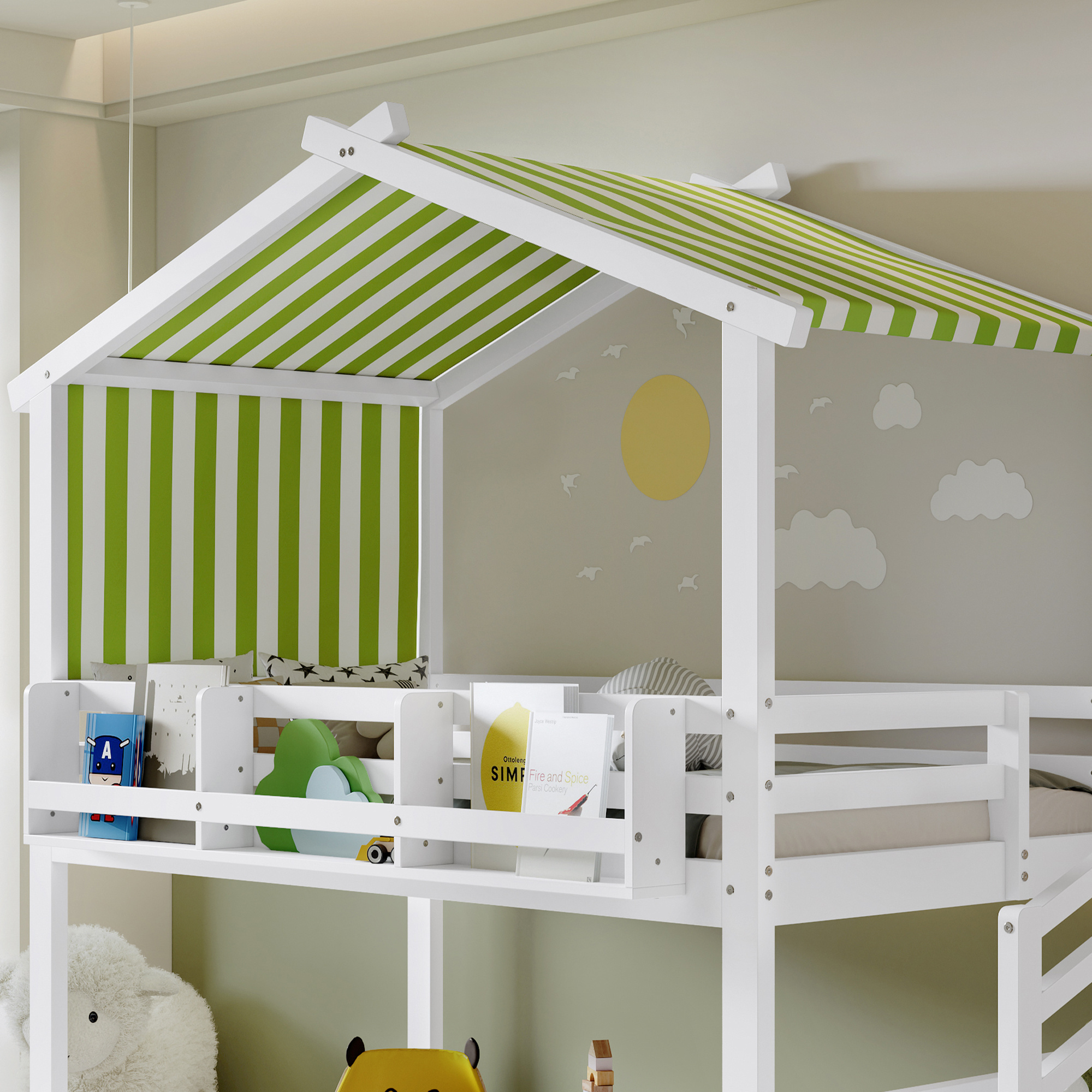 Kids & Teens Bunk Bed 3ft (90x190cm) | White & Green | Corner Stairs + Decorative Canopy + Mini Book Nook | Pine + MDF + Plywood