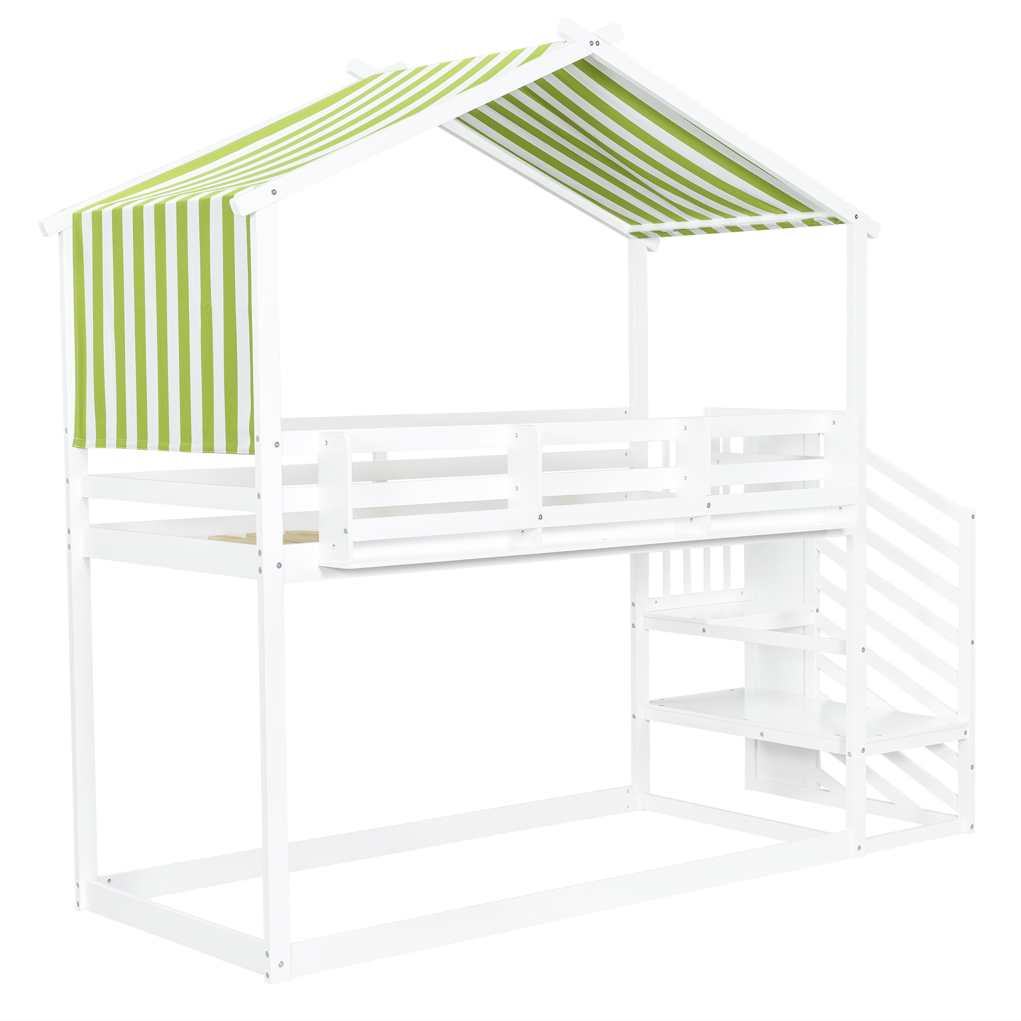 Kids & Teens Bunk Bed 3ft (90x190cm) | White & Green | Corner Stairs + Decorative Canopy + Mini Book Nook | Pine + MDF + Plywood