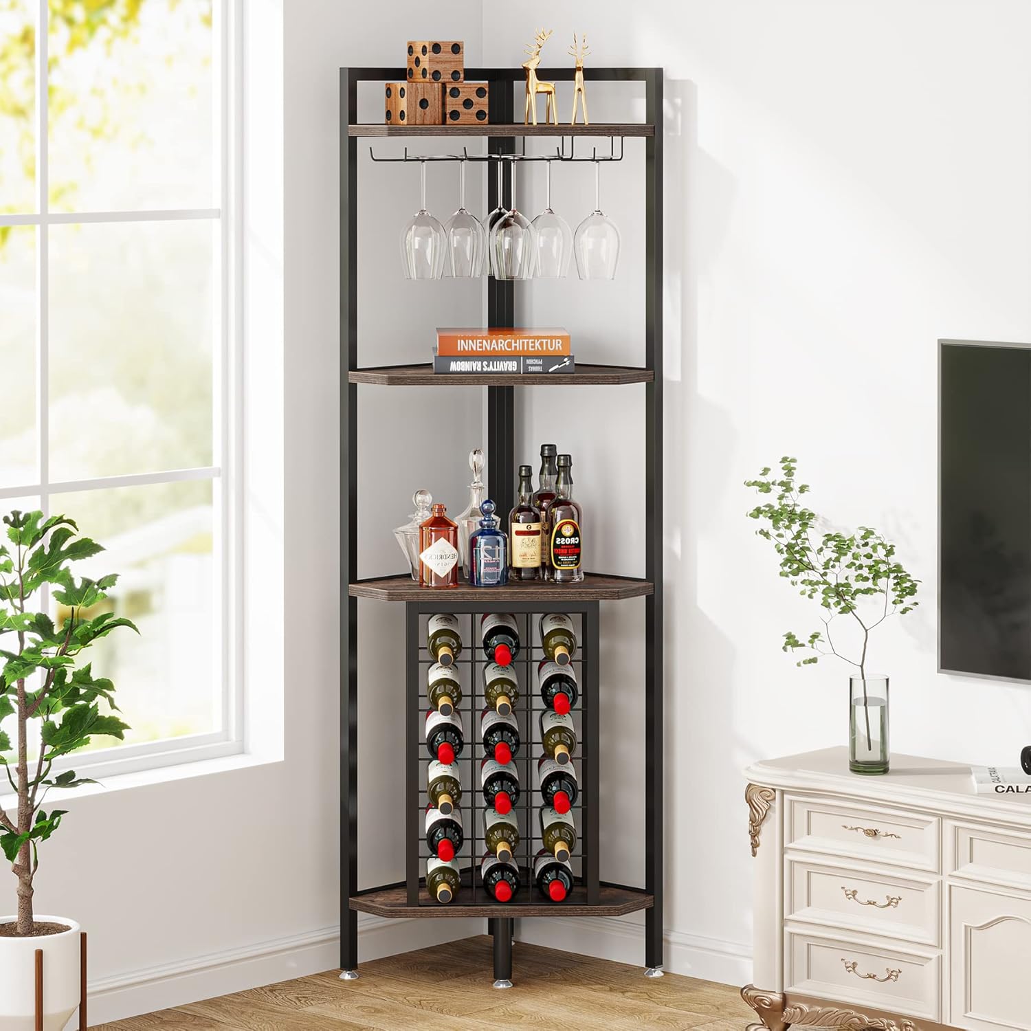 Image of Free-standing Floor Wine Rack, 4-tiered Corner Wine Rack With Glass Holder & Wine Storage, Industrial Wine Rack Wine Bar Cabinet For Bar, Kitchen, Dining Room, Rustic Brown.