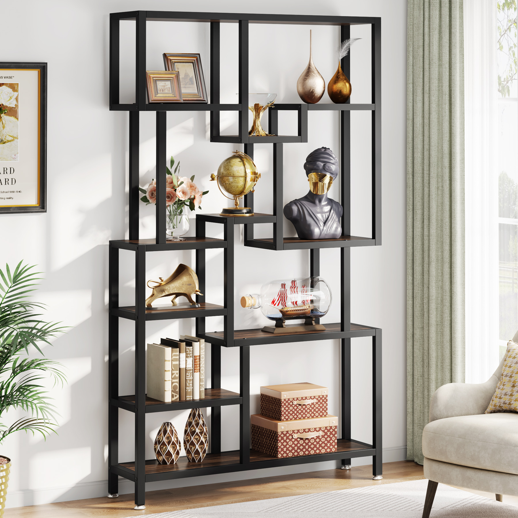 Industrial 7 Tier Bookcase, 180cm Open Display Shelf With Metal Frame And Wood For Living Room Home Office
