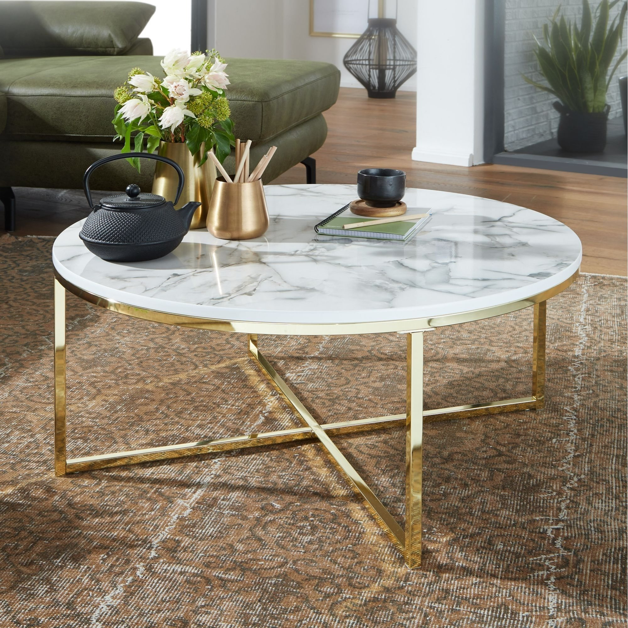 Image of Round Coffee Table Ø 80 Cm With Marble Look, Living Room Table With Metal Frame, Sofa Table, Side Table