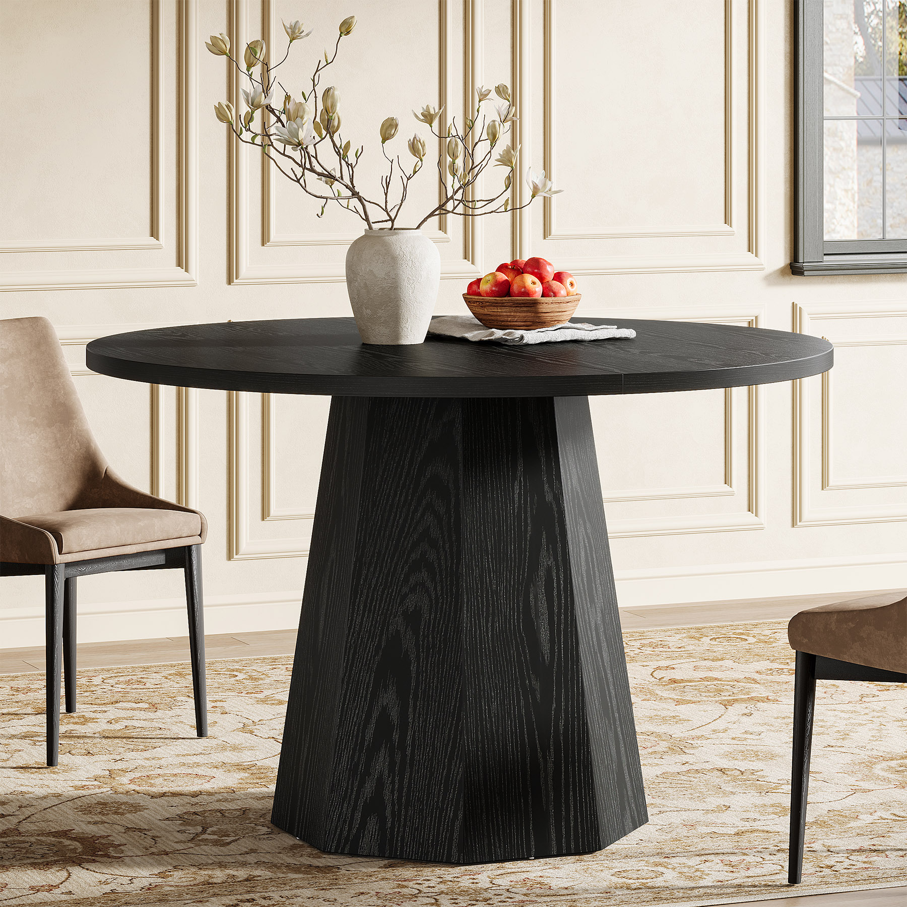 Image of Black Round Dining Table, 118 Cm, Circle, Small Kitchen Table With Stable Pedestal, Modern Dining Table, Furniture For Dining Room, Living Room