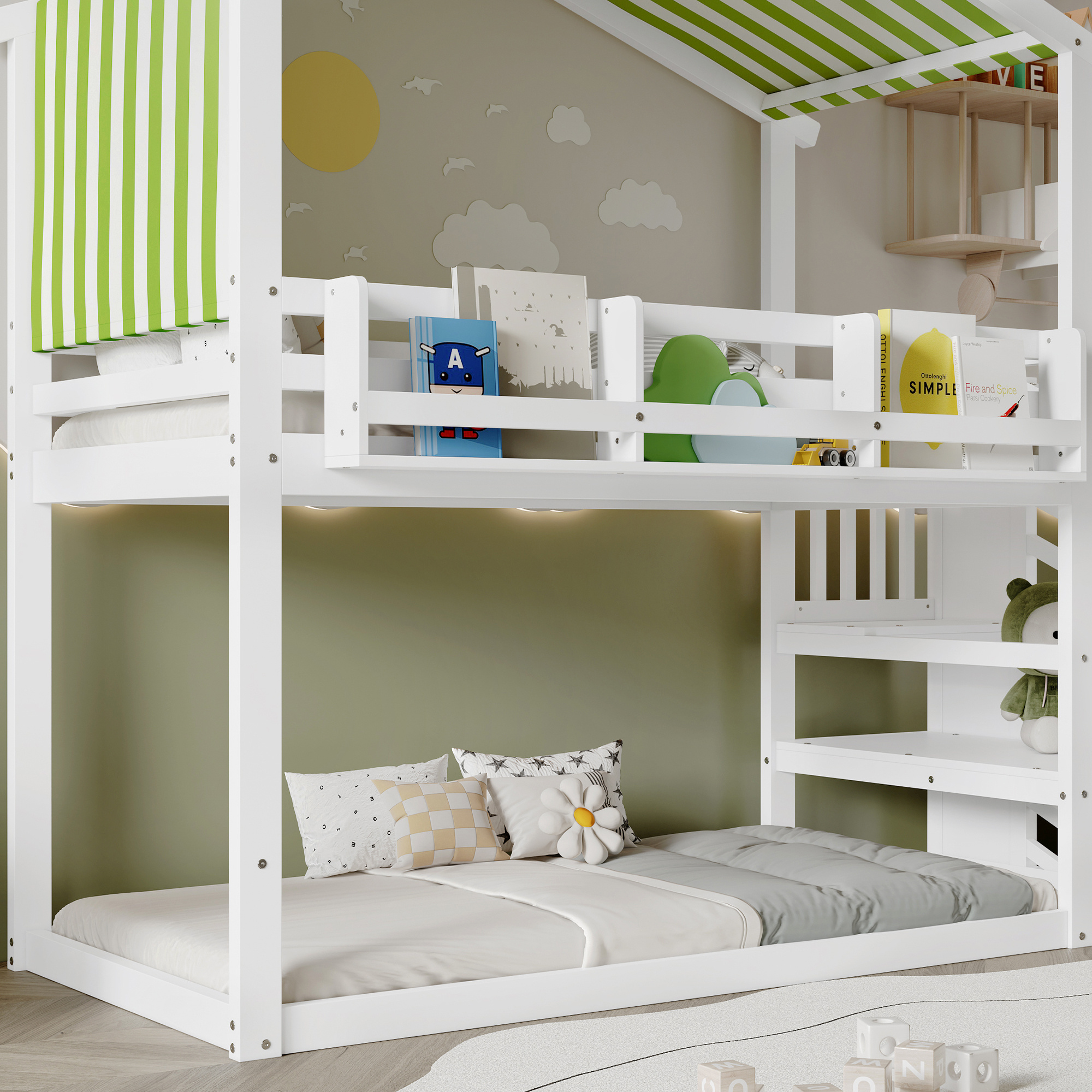 Kids & Teens Bunk Bed 3ft (90x190cm) | White & Green | Corner Stairs + Decorative Canopy + Mini Book Nook | Pine + MDF + Plywood