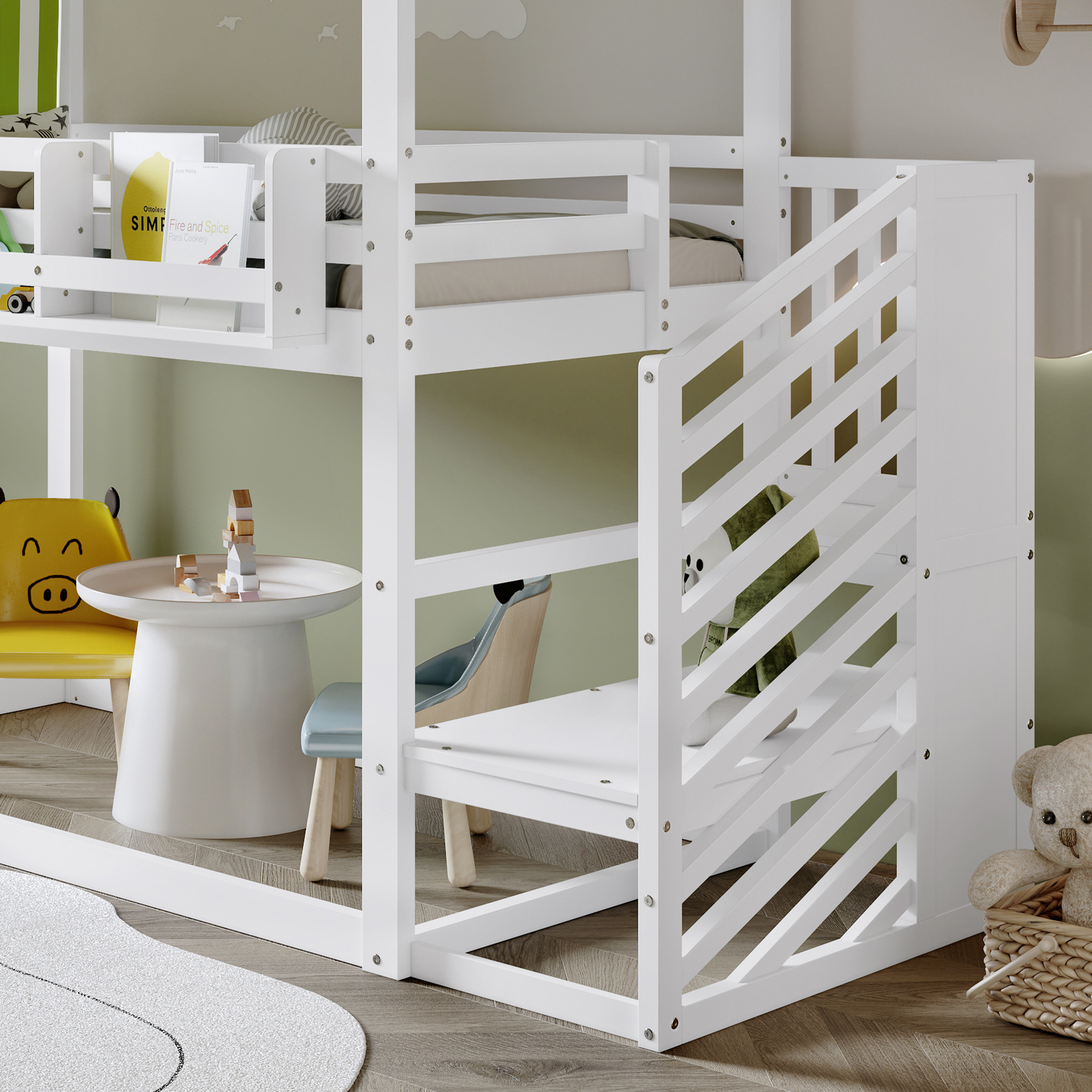 Kids & Teens Bunk Bed 3ft (90x190cm) | White & Green | Corner Stairs + Decorative Canopy + Mini Book Nook | Pine + MDF + Plywood