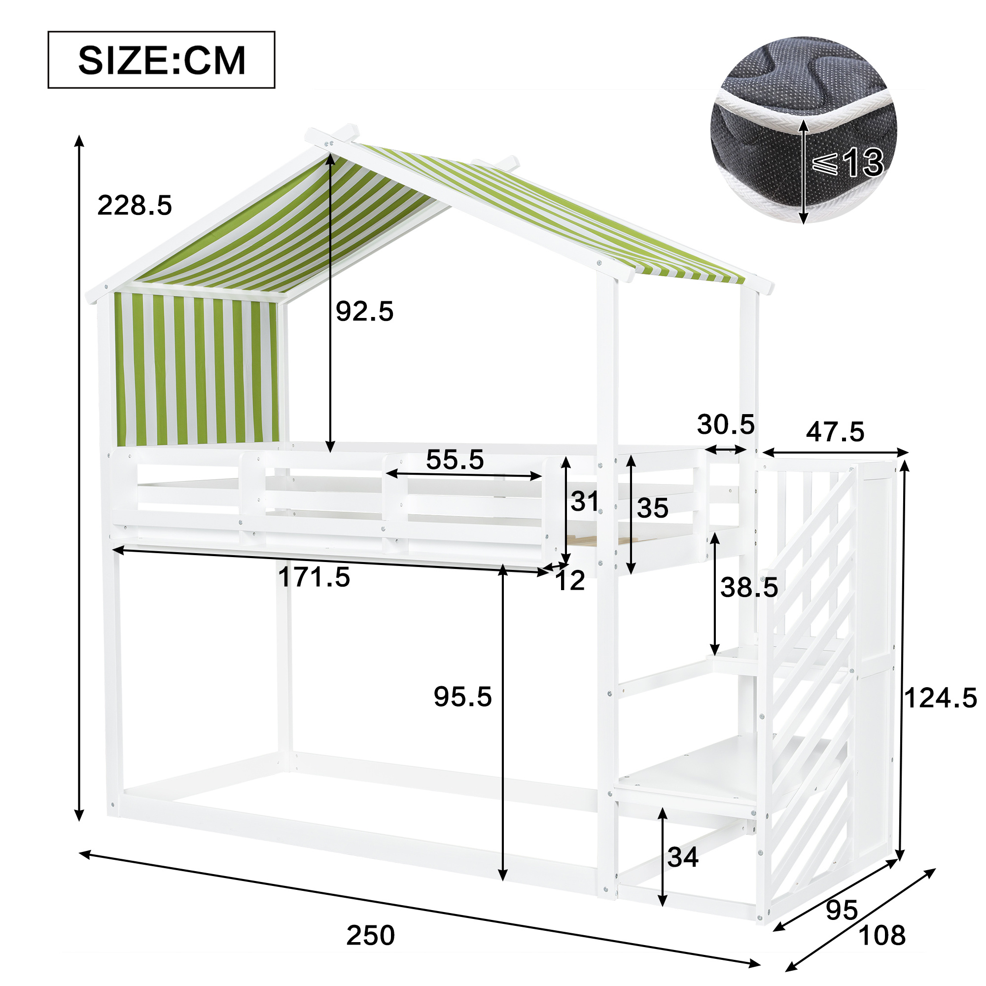 Kids & Teens Bunk Bed 3ft (90x190cm) | White & Green | Corner Stairs + Decorative Canopy + Mini Book Nook | Pine + MDF + Plywood