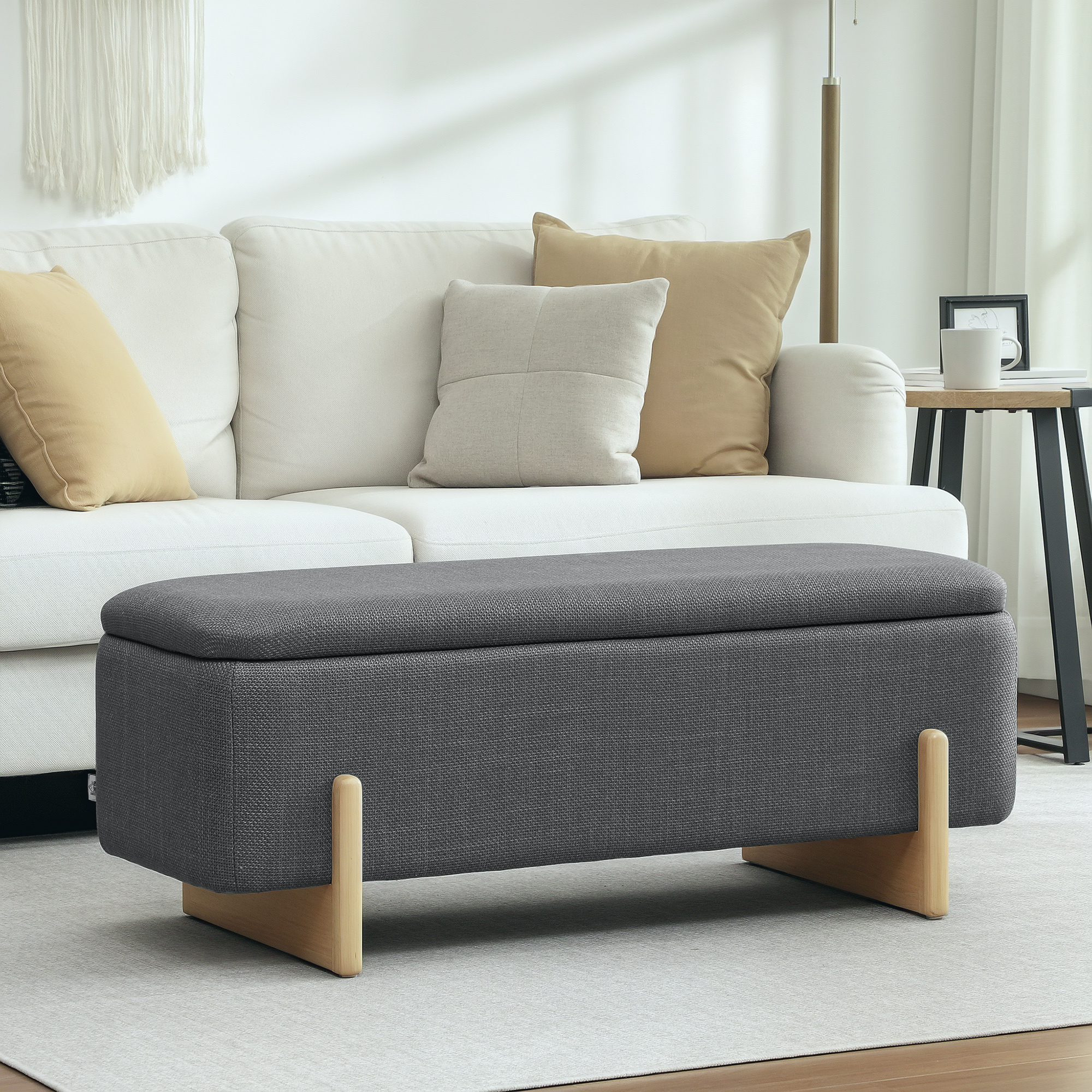 Image of Bench With Storage, Upholstered Bench With Linen Look, Seat Trunk With Safety Hinges, Wooden Legs Bench Chest For Living Room, Bedroom, Hallway, 111 X 44 X 44.5 Cm, Dark Grey