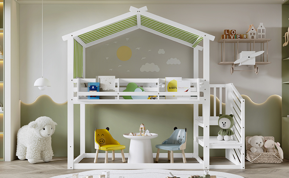 Kids & Teens Bunk Bed 3ft (90x190cm) | White & Green | Corner Stairs + Decorative Canopy + Mini Book Nook | Pine + MDF + Plywood