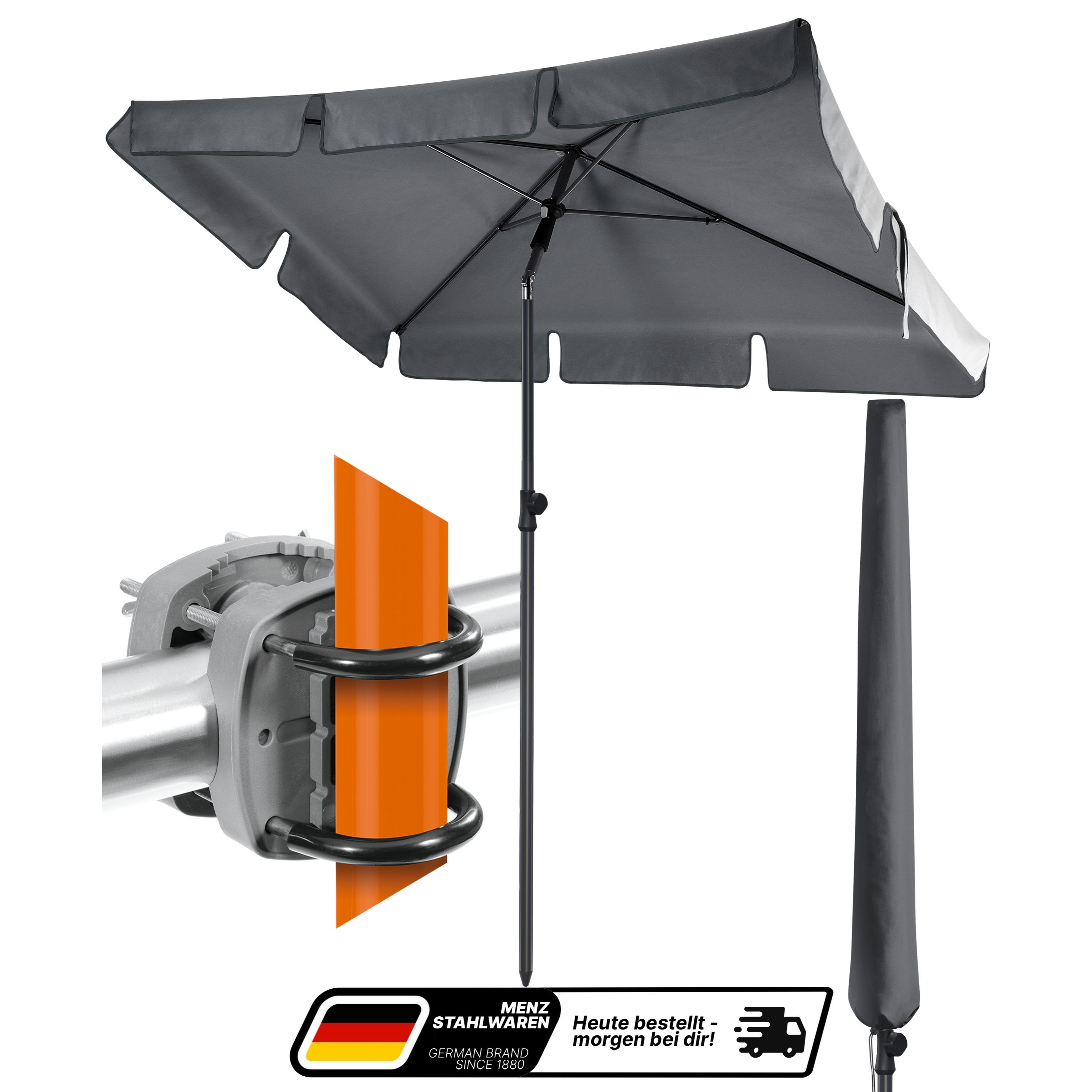 Image of Balcony Parasol 3-in-1 Set + Balcony Railing Parasol Holder + Parasol Cover - Rectangular 200x125 Cm, Upf 50+ - Colors: /beige/taupe - Premium Sun Protection For Balcony & Terrace