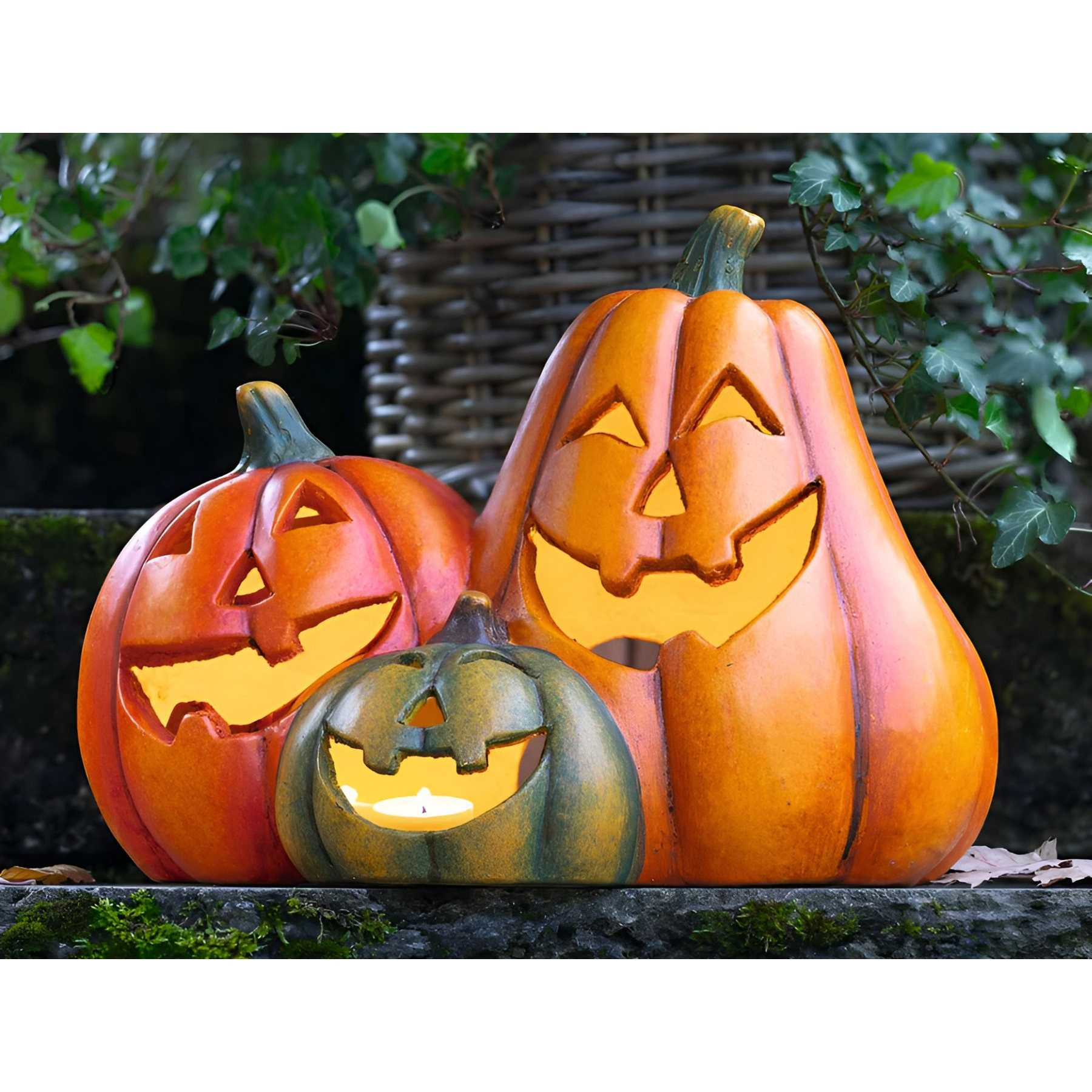 Image of Decorative Pumpkin Trio "smile" 35 Cm Wide, Outdoor Fall Decoration Weatherproof, , Halloween Decoration, Balcony & Garden Decoration For Outdoors, Pumpkin Lantern, Funny Pumpkin Figures