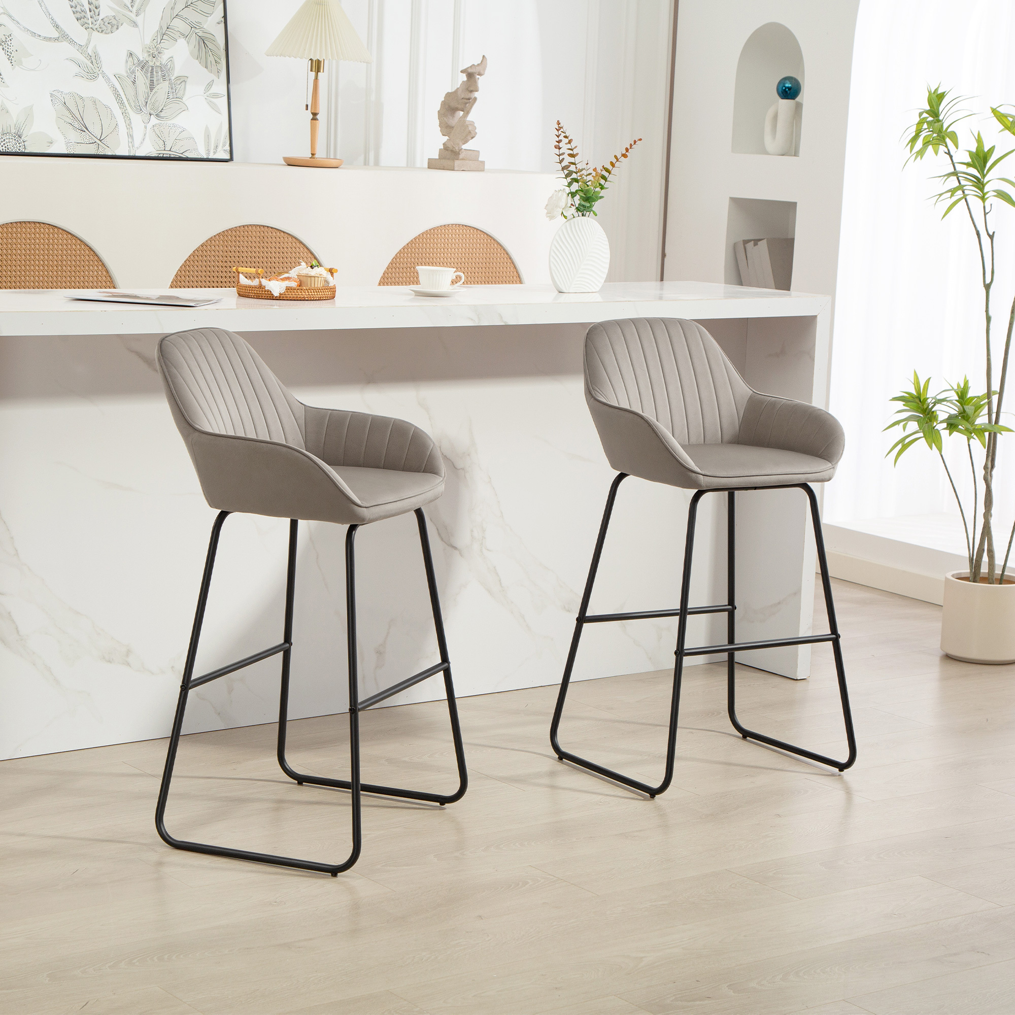 Image of 2-piece Bar Stool Set, Upholstered Bar Chair With Footrest, Velvet Finish, Metal Frame Counter Stools For Kitchen, Living Room, Dining Room, Gray