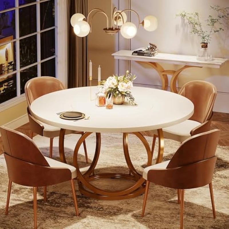E-shop Runder Esstisch für 4, Weißer Küchentisch mit goldenem Metallfuß, Esstisch aus Holz, Couchtisch für Küche, Esszimmer, Café (120 * 120 cm, Weiß