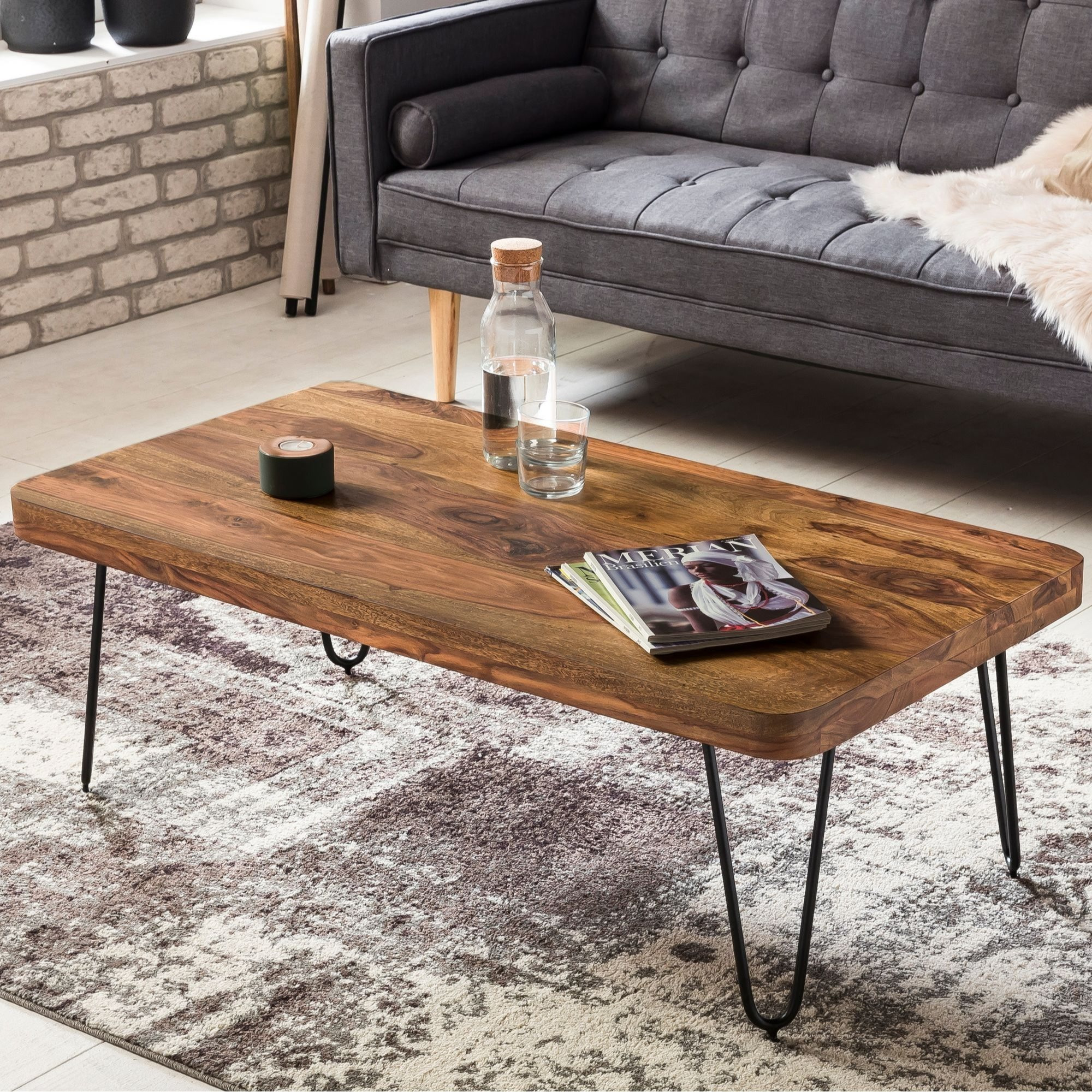 Harlem Coffee Table Made Of Solid Wood 115x40x60 Cm, Living Room Table, Design Sofa Table With Metal Legs, Side Table Rustic, Country-style Table