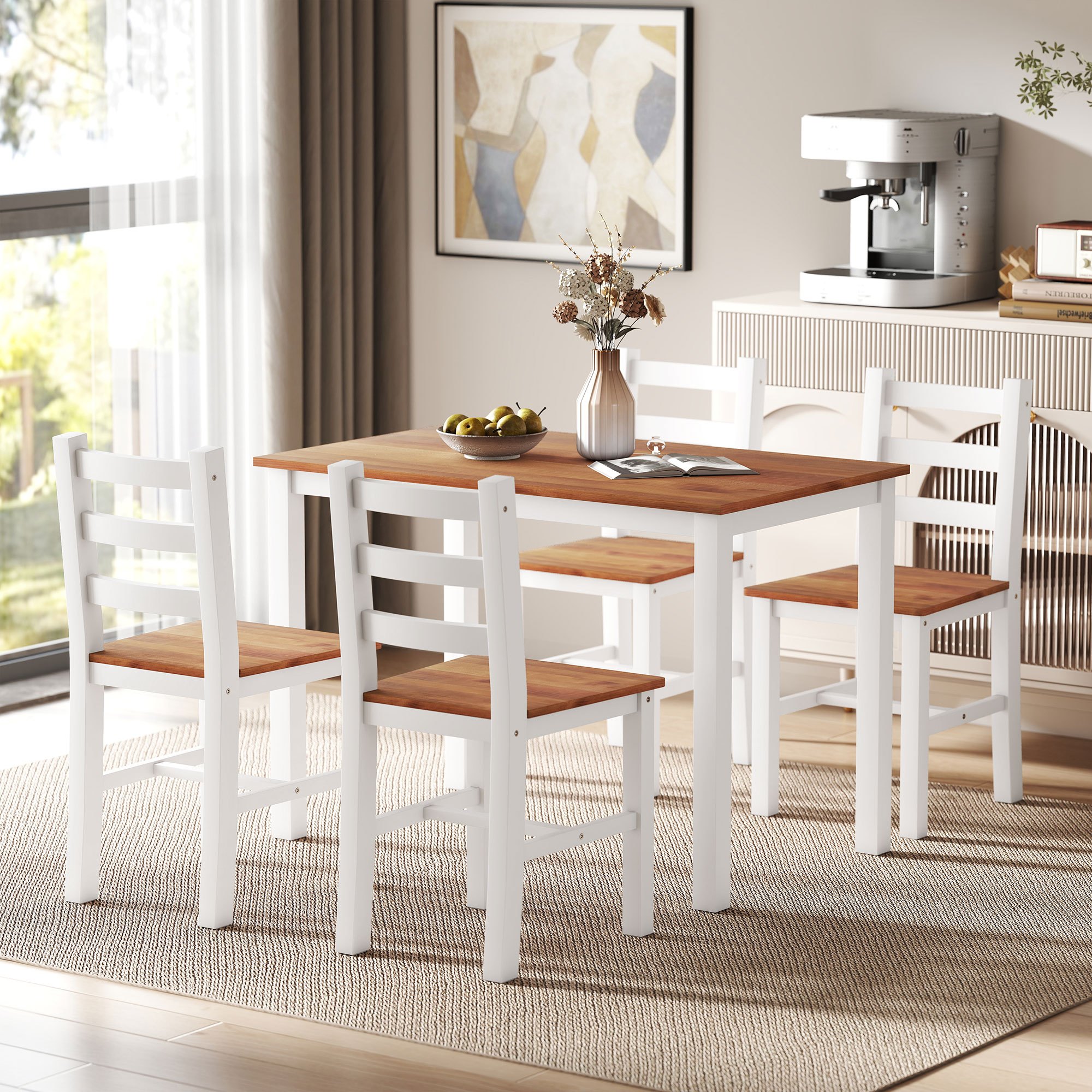 Space- Dining Set With 4 Chairs, Pine Wood Rectangular Dining Table For Dining Room, Kitchen, Brown+white