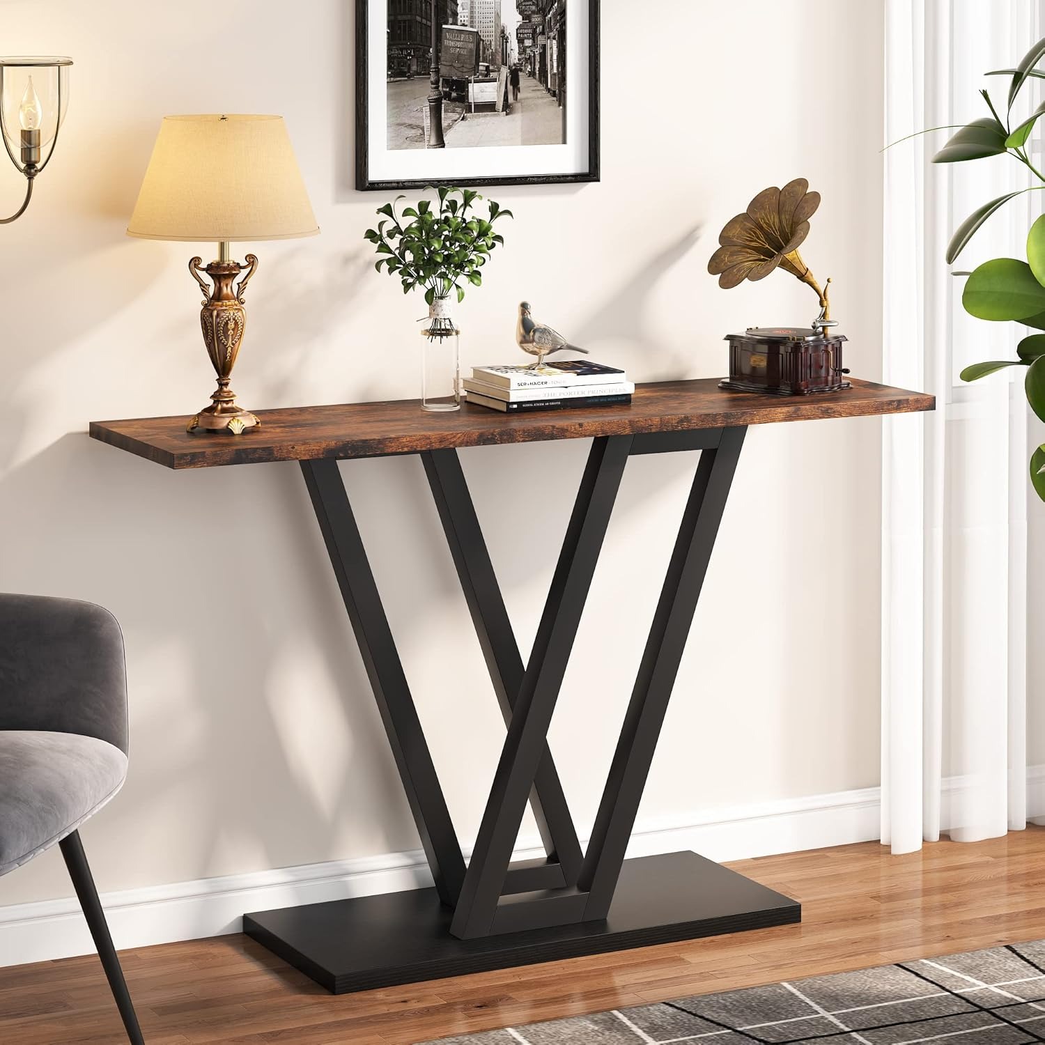 Console Table, Industrial Hall Table For Entryway, 110 Cm Entry Tables Narrow Sofa Table Side Table For Living Room, Sturdy Metal Frame & Easy Assembly, Rustic Brown