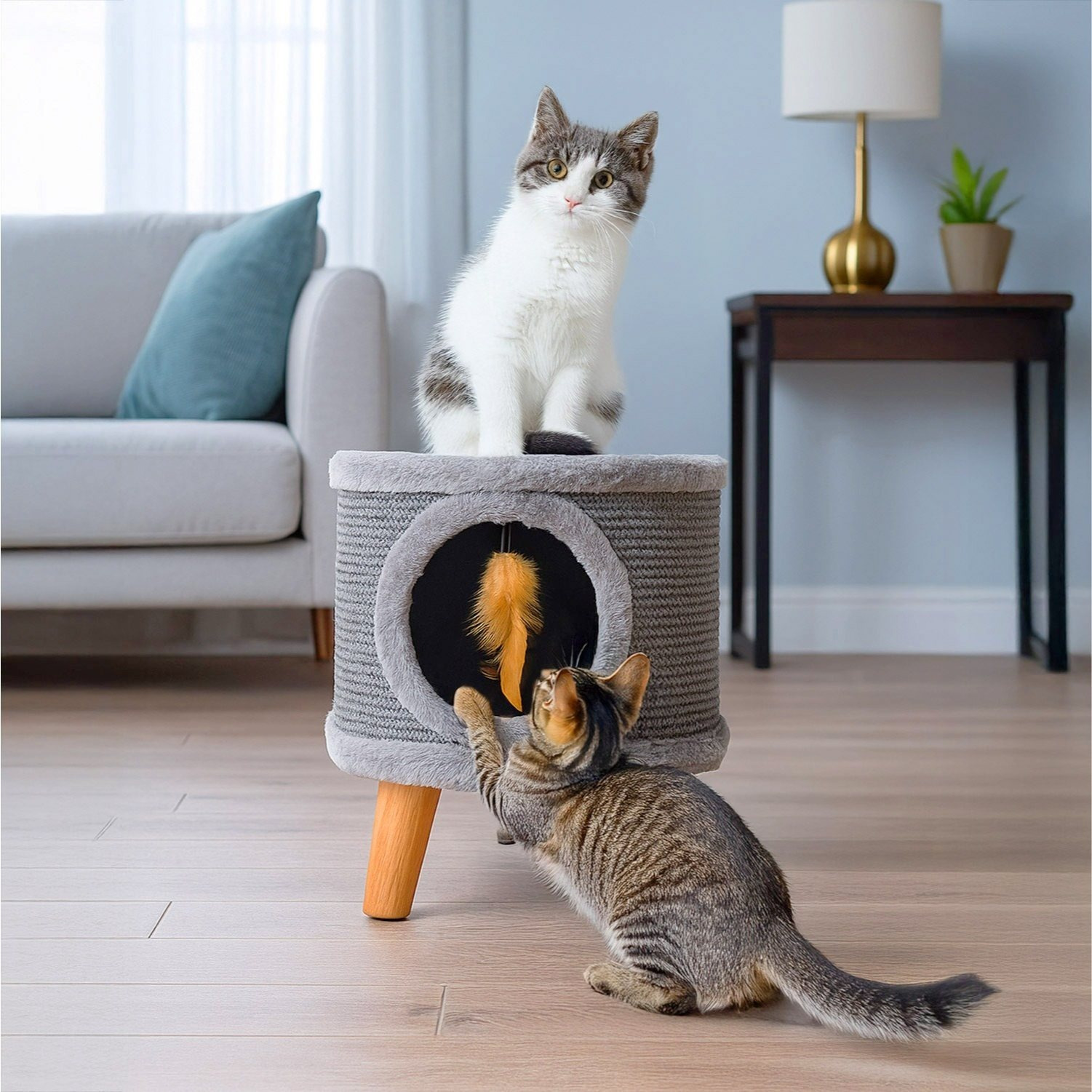 Robuuste Kattenkrabber, Kleine 38 Cm, Grijs Met Een Veer En Een Bed, Cabin I En Cabin II Moderne, Compacte Krabber Van De Puff-Type, Gezellig, Met Krabmateriaal Op De Zijden.