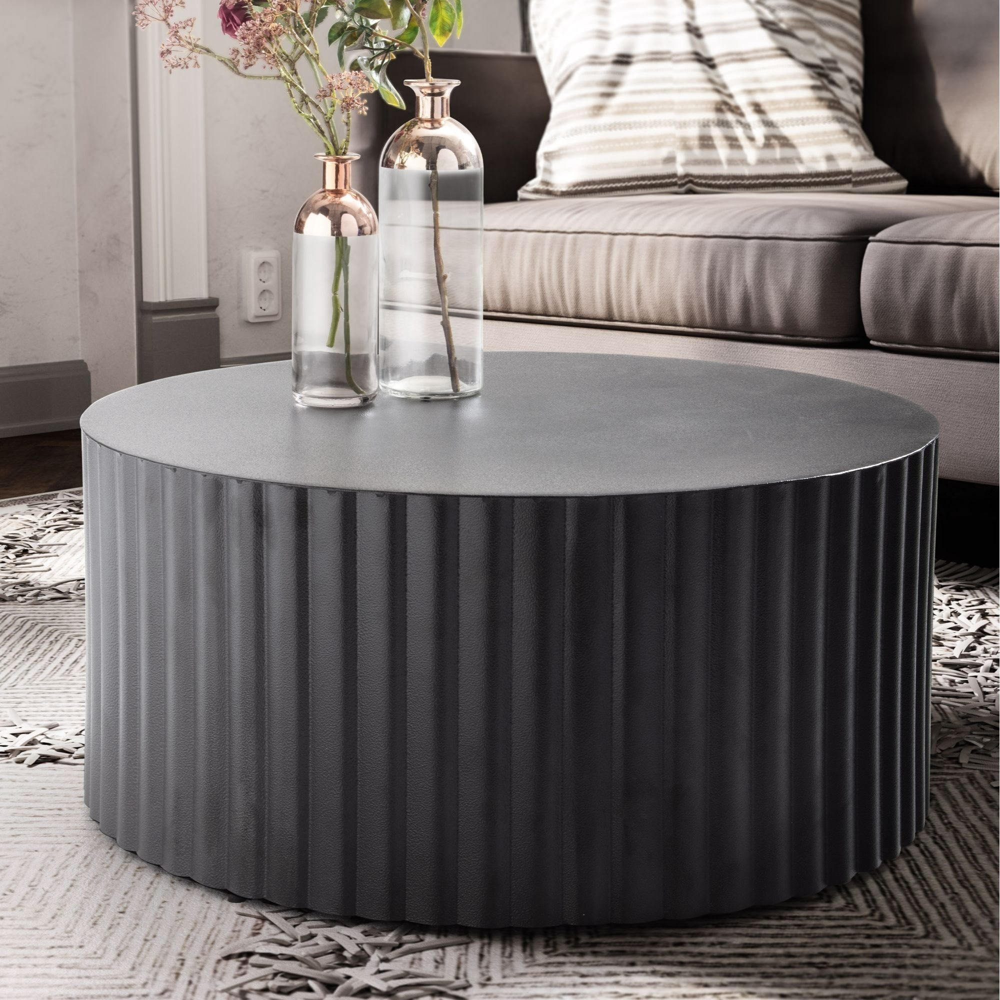 Image of 67x67x31 Cm Round Metal Coffee Table, Black Living Room Side Table With , Iron Slat Look, Modern Small End Table For Living Room