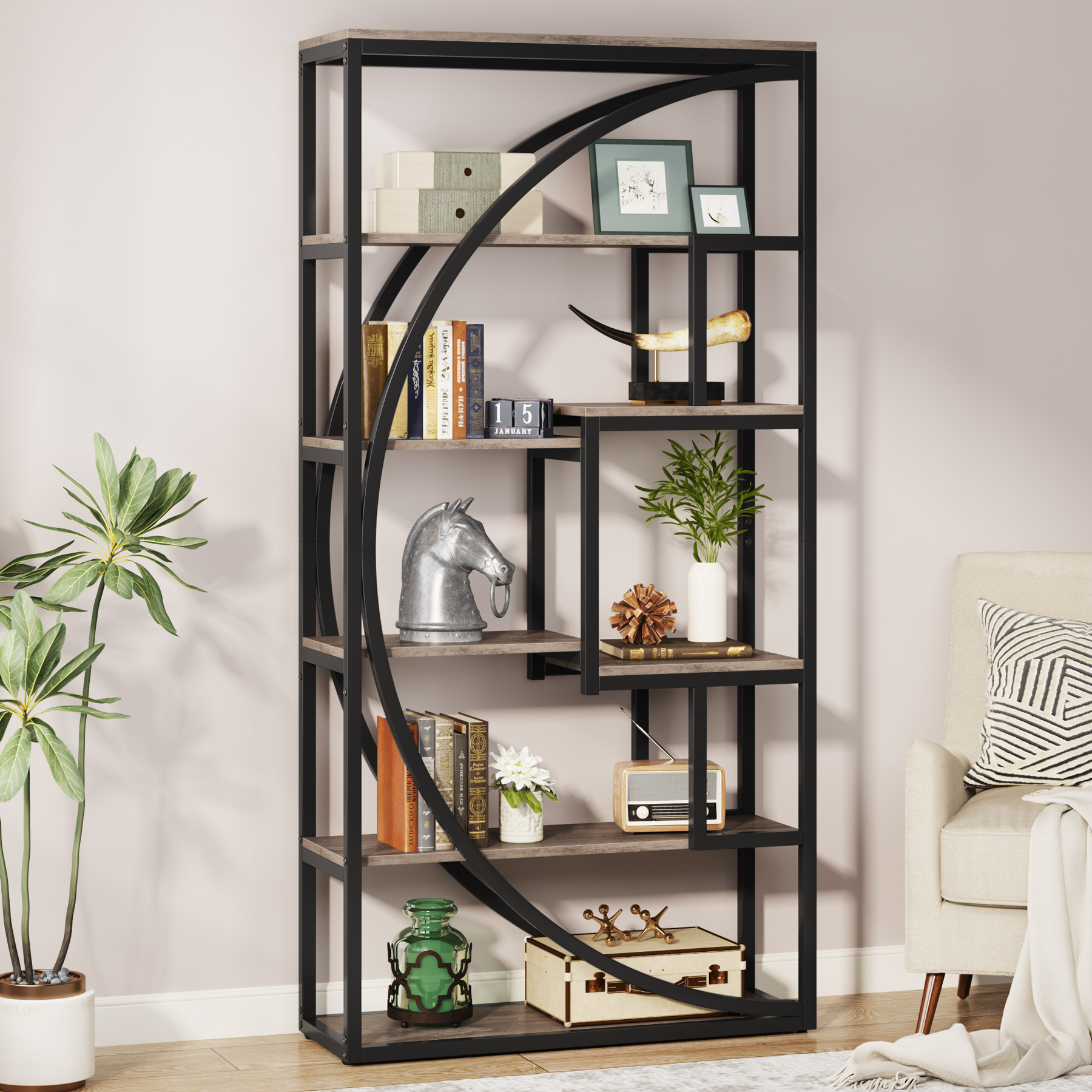 Image of Industrial Bookshelf 180cm Height - 5-tiered Shelf With 8 Open Compartments, Stable Shelving Unit For Living Room/home Office