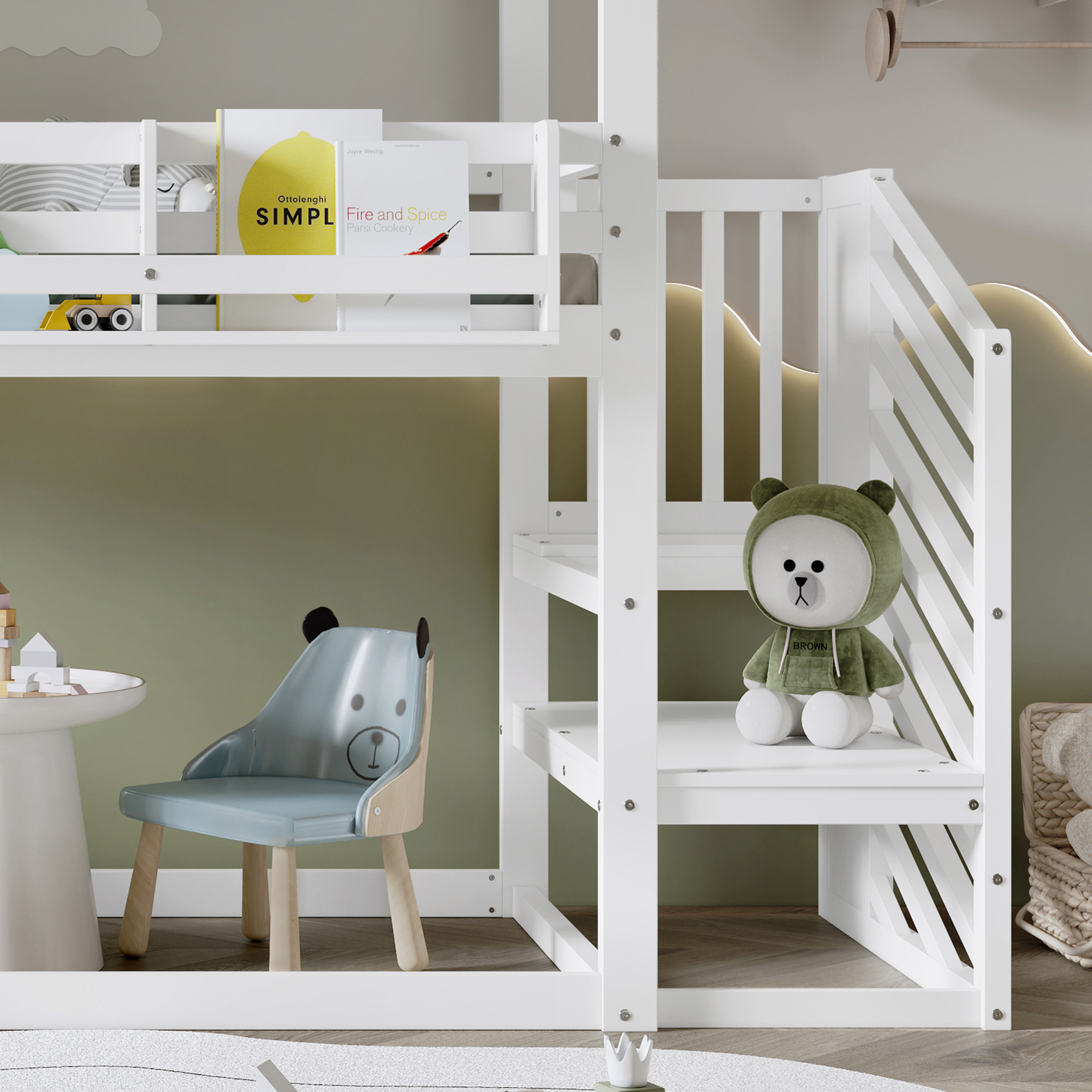Kids & Teens Bunk Bed 3ft (90x190cm) | White & Green | Corner Stairs + Decorative Canopy + Mini Book Nook | Pine + MDF + Plywood