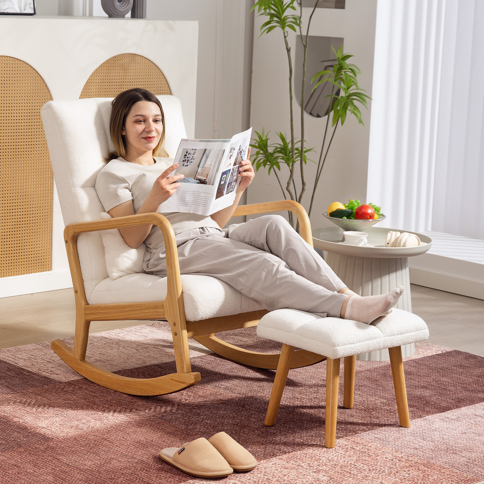 Rocking Chair With Ottoman, Fleece-covered Rocking Chair With Wide Seat, Armrests, High Backrest, Wooden , Padded Swing Chair Relaxation Chair For Living Room, Bedroom, White