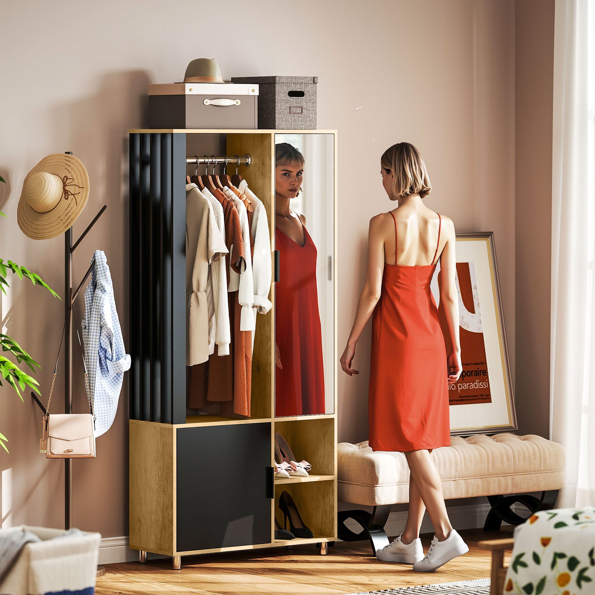 Compact Hallway Wardrobe Set With Mirror, Includes Coat Rack, Shoe Cabinet, And 8 Shelves, 80 X 30 X 175 Cm, Natural Wood
