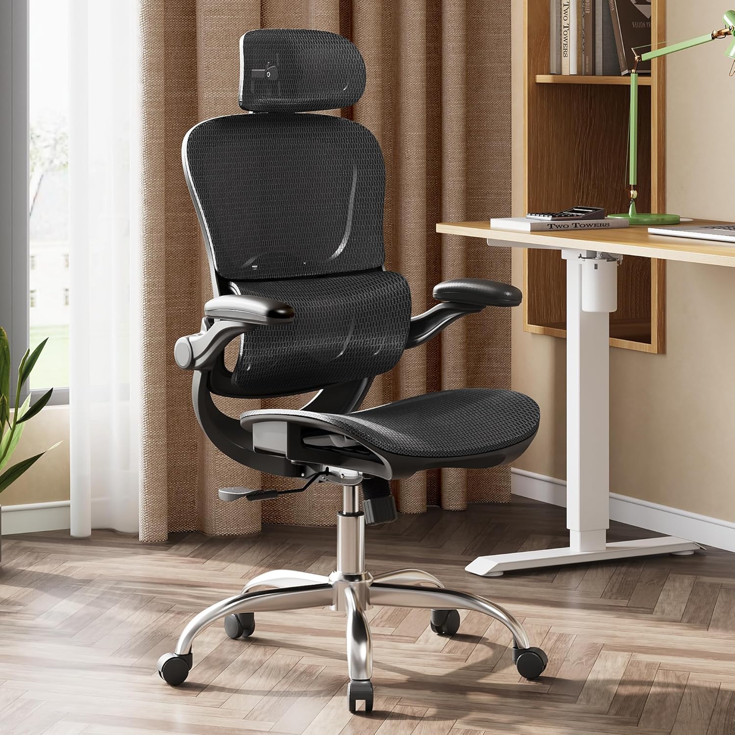 Ergonomic Office Chair, Mesh Swivel Chair With Tilt Function, With 3d Headrest, Adjustable Lumbar Support, Foldable Armrests, Metal Frame, Quiet Wheels, Suitable For Home Office, Computer Room.