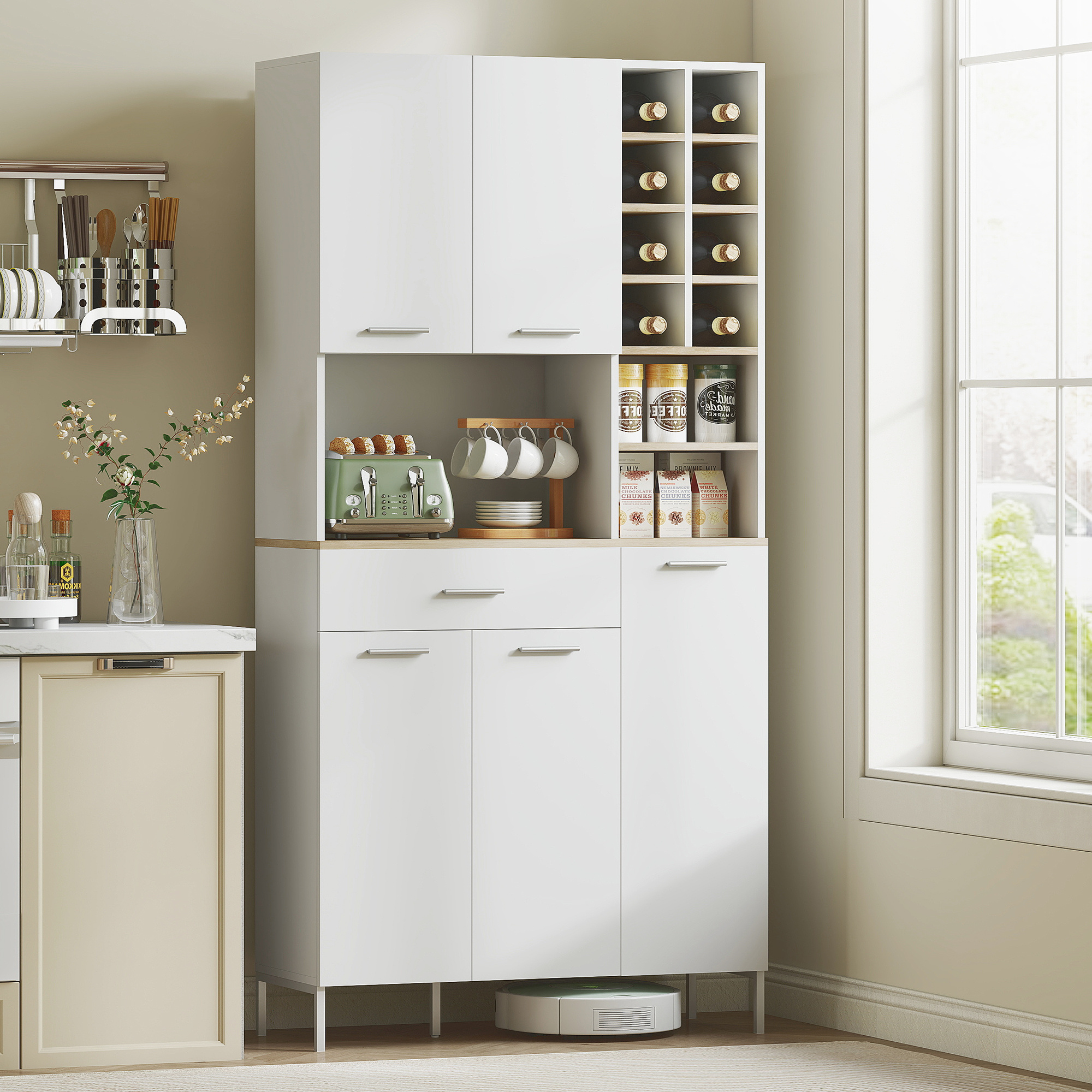 Kitchen Cabinet Buffet With Worktop, 5 Doors, Wine Rack, Drawer, Tall Cabinet With Adjustable Shelves, Cable Hole, Cabinet, White, 90 X 35 X 183 Cm