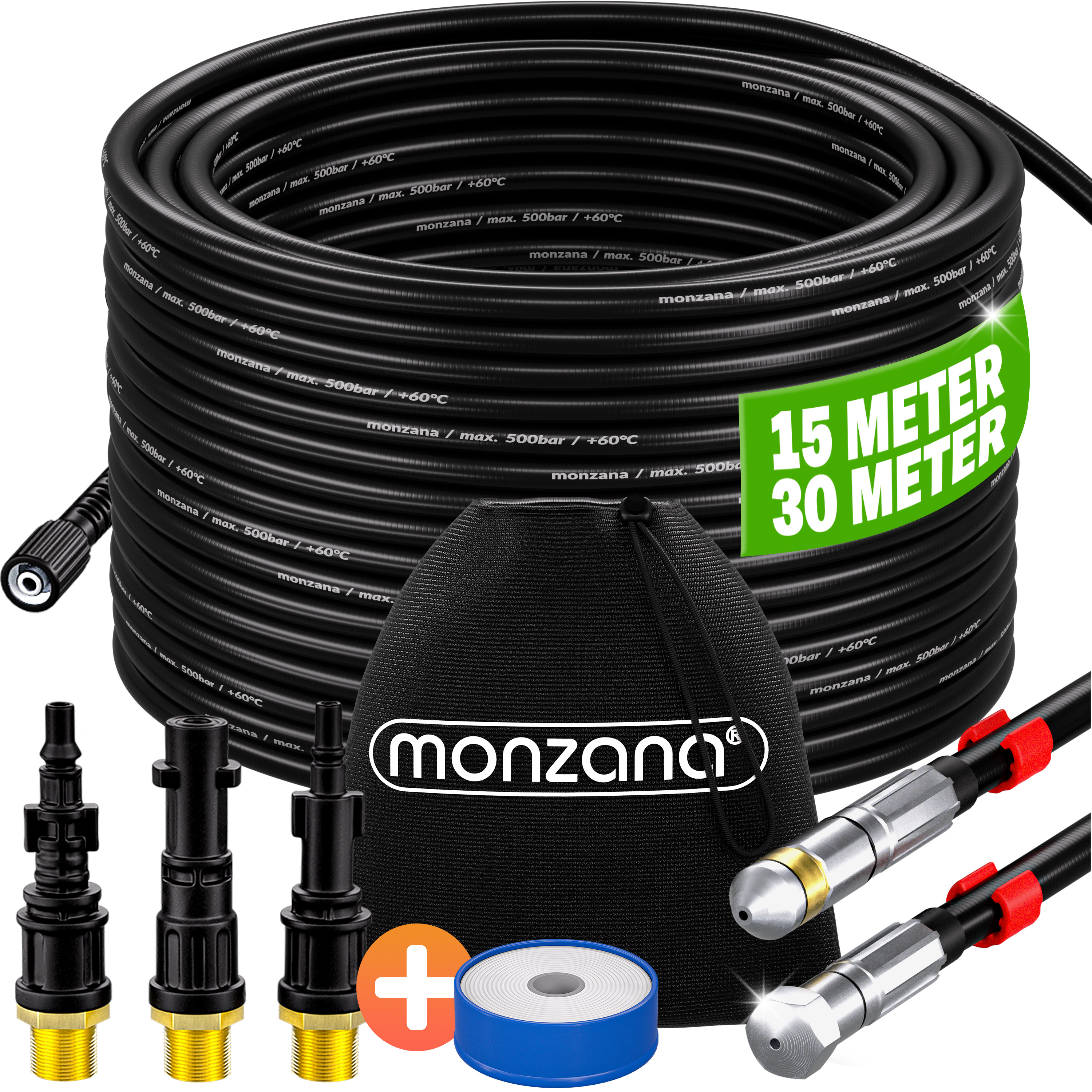 TEMU MONZANA® Juego de Manguera Premium para Limpieza de Tuberías 15m/30m 200bar Adaptadores, 2 Boquillas, Compatible con Kärcher, Kit Universal de