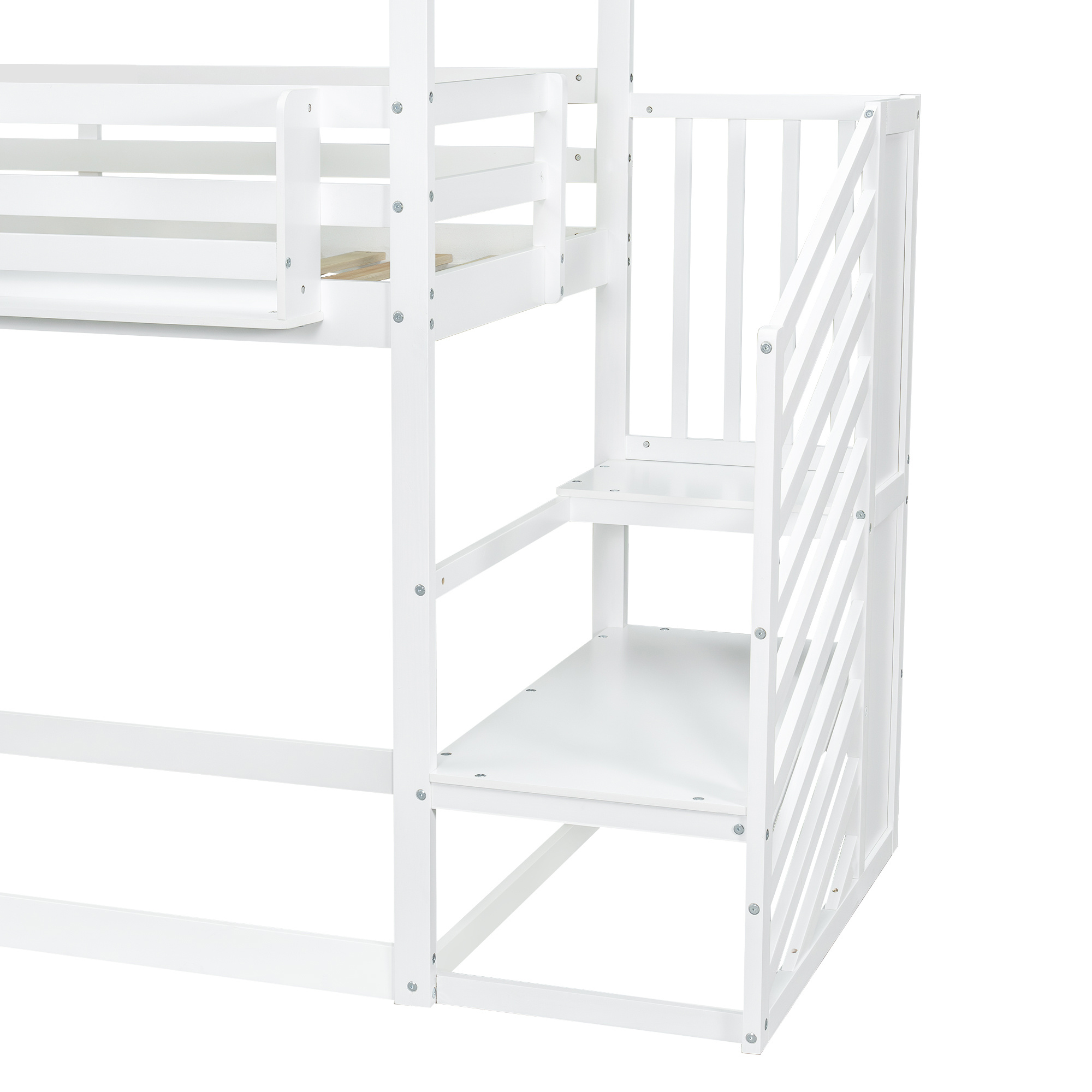Kids & Teens Bunk Bed 3ft (90x190cm) | White & Green | Corner Stairs + Decorative Canopy + Mini Book Nook | Pine + MDF + Plywood
