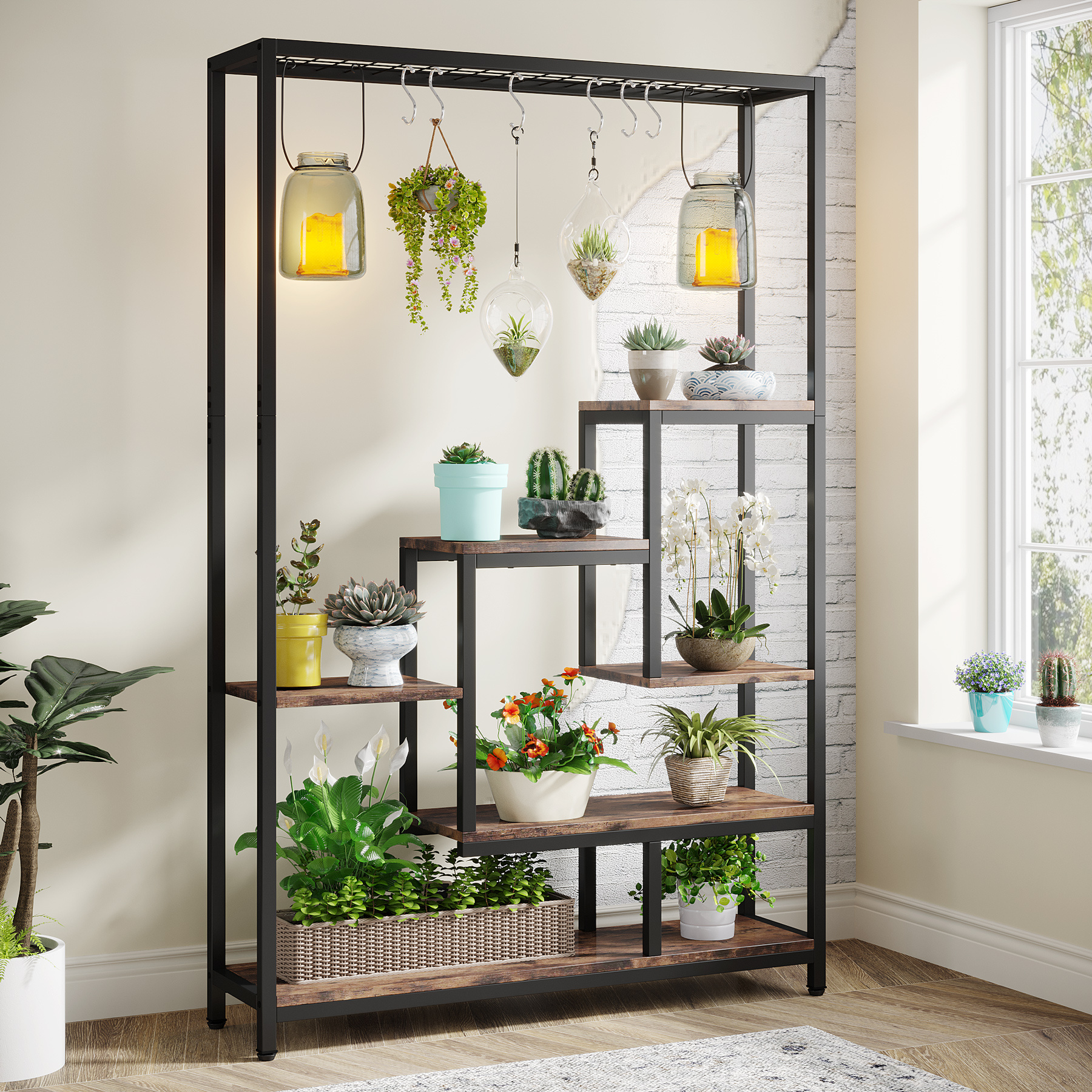 Image of Plant Stands Flower Stands Indoor 5-tier Plant Rack With 10 S-hooks, 180 Cm Flower Rack Metal For Balcony Decor Garden Flower Staircase Living Room (brown)