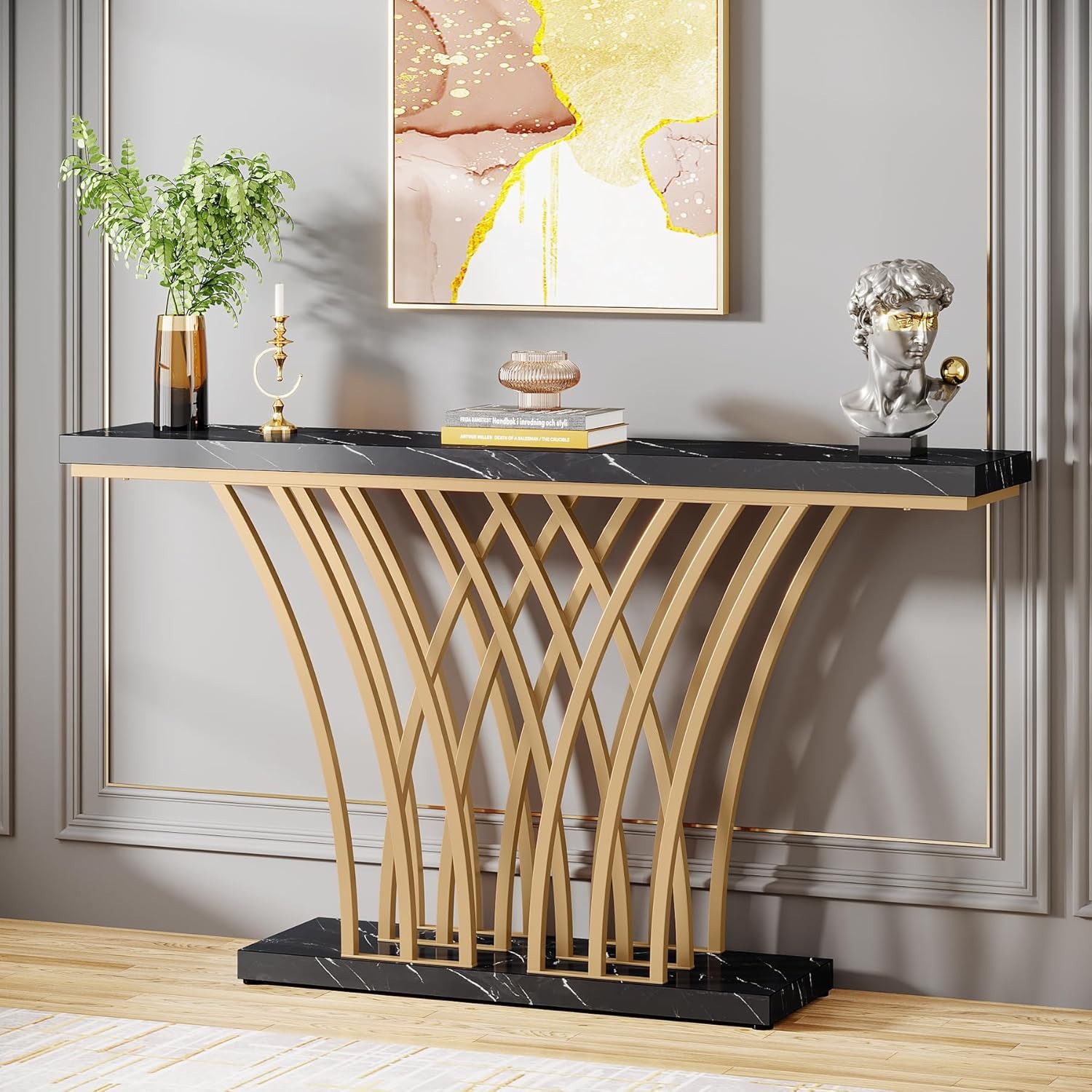 Image of Gold Console Table, 150 X X 80 Cm Modern Entryway Table With Grid Metal Base For Hallway, Foyer, Living Room (black And Gold)