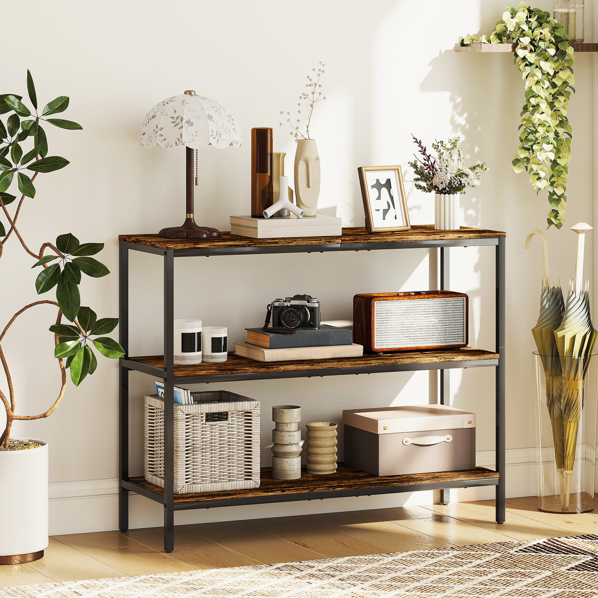 Image of Console Table With 3 Levels, Side Table With Metal Frame, Metal Shelf For Small Space, Entrance, Hallway, Living Room, 101 X 35 X 80 Cm, Rustic Brown.