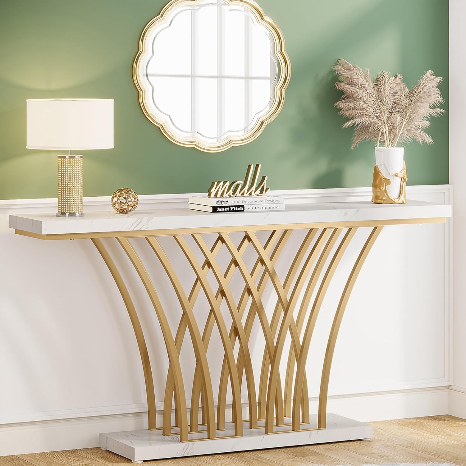E-shop Gold Konsolentisch, 150 x x80 cm Moderner Eingangstisch mit gitterförmigem Metallfuß für Eingang, Flur, Vorzimmer, Wohnzimmer (Weiß und Gold)