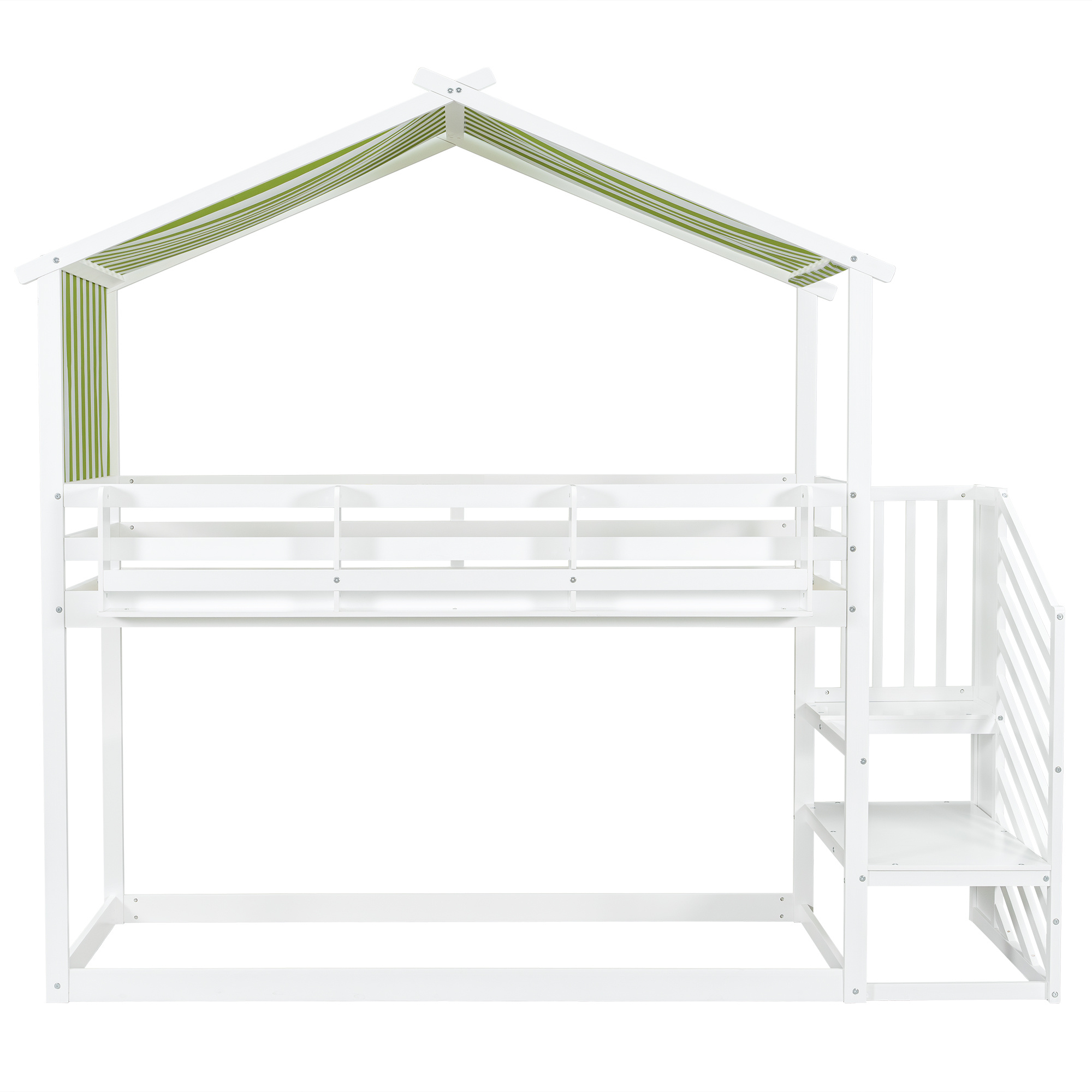 Kids & Teens Bunk Bed 3ft (90x190cm) | White & Green | Corner Stairs + Decorative Canopy + Mini Book Nook | Pine + MDF + Plywood