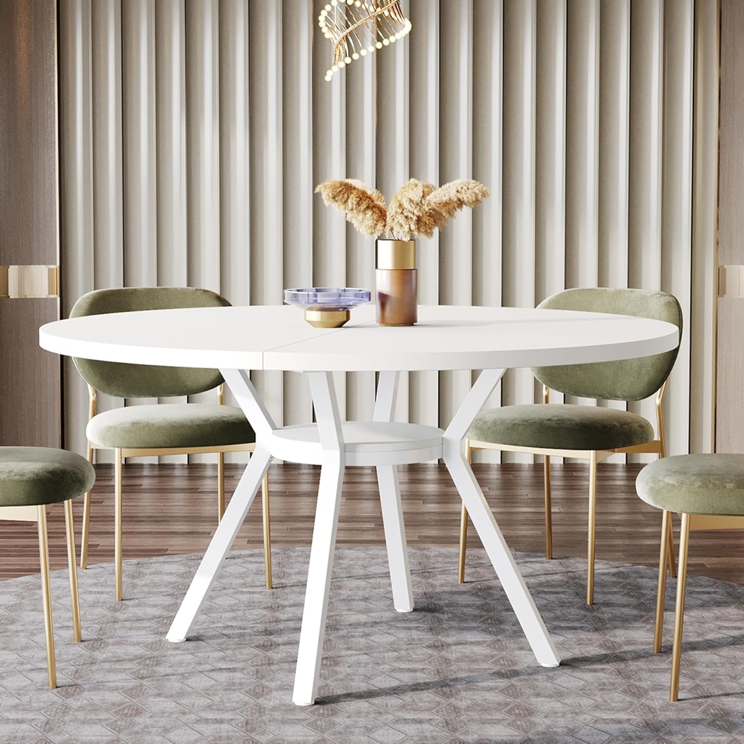 Round Dining Table For , 120cm Round Dining Table With Metal Legs, Kitchen Table With Storage Compartment For Home, Dining Room, Living Room, White (white)