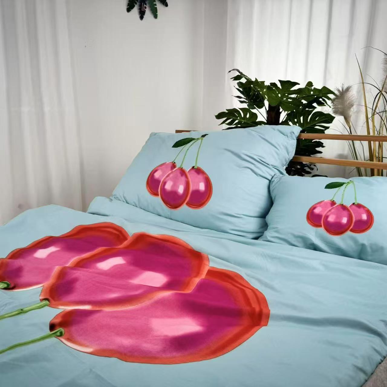 TEMU Cherry 3pcss Bedding Set - 3pcss Bedding Set, Cherry Bedding, Puffed Bedding, Summer Bedding