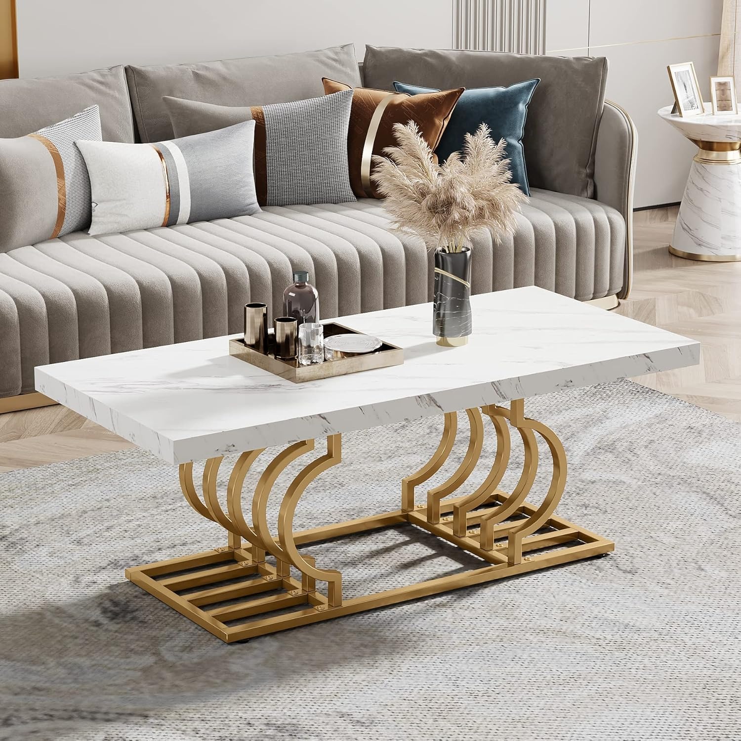 Modern Coffee Table, Living Room Table Marble Cocktail Table With Geometric Frame, Rectangular Center Table Tea Table Accent Furniture Table Sofa Side Table For Home Office, White And Golden.
