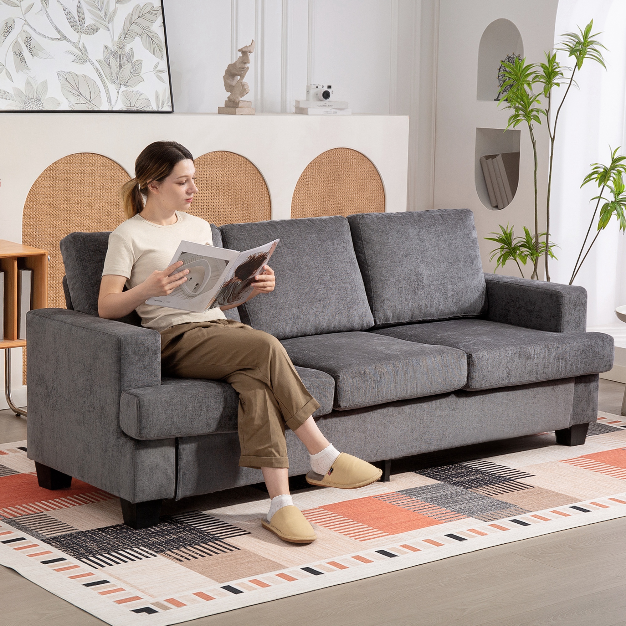 Image of 3-seater Sofa, Sofa With Armrests, Lounge Sofa With Chenille Optics, , Upholstered Sofa For Living Room, Bedroom 213 X 82 X 90 Cm, Grey