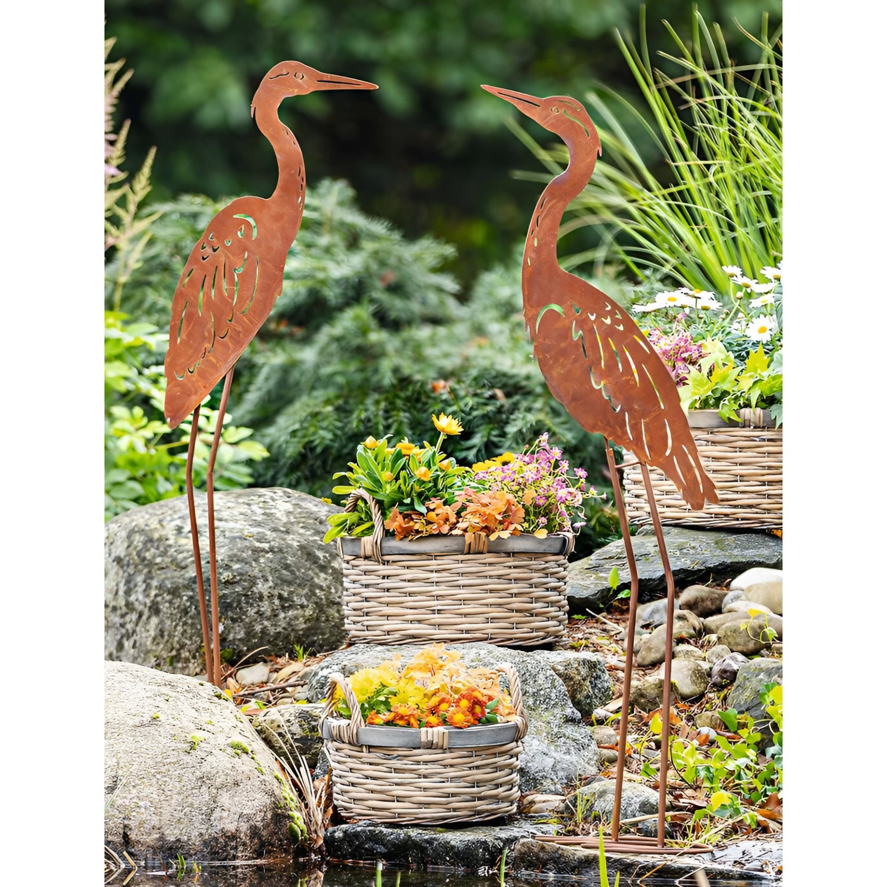 E-shop 2x Dekovogel aus Metall mit Echtrost Finish, 88 cm hoch, Garten Dekofigur, Gartendeko für Draußen, Rostdeko