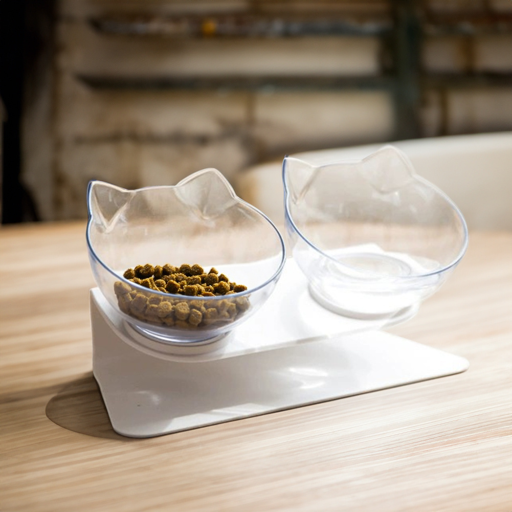 Elevated Cat Bowl, Double Cat Bowl with Raised Stand, Cat Bowl Pet Food Feeder, Comfortable Eating Angle Cat Feeding Station, Transparent Cat Food and Water Bowl, Detachable Pet Bowl Easy To Clean for Cats and Dogs