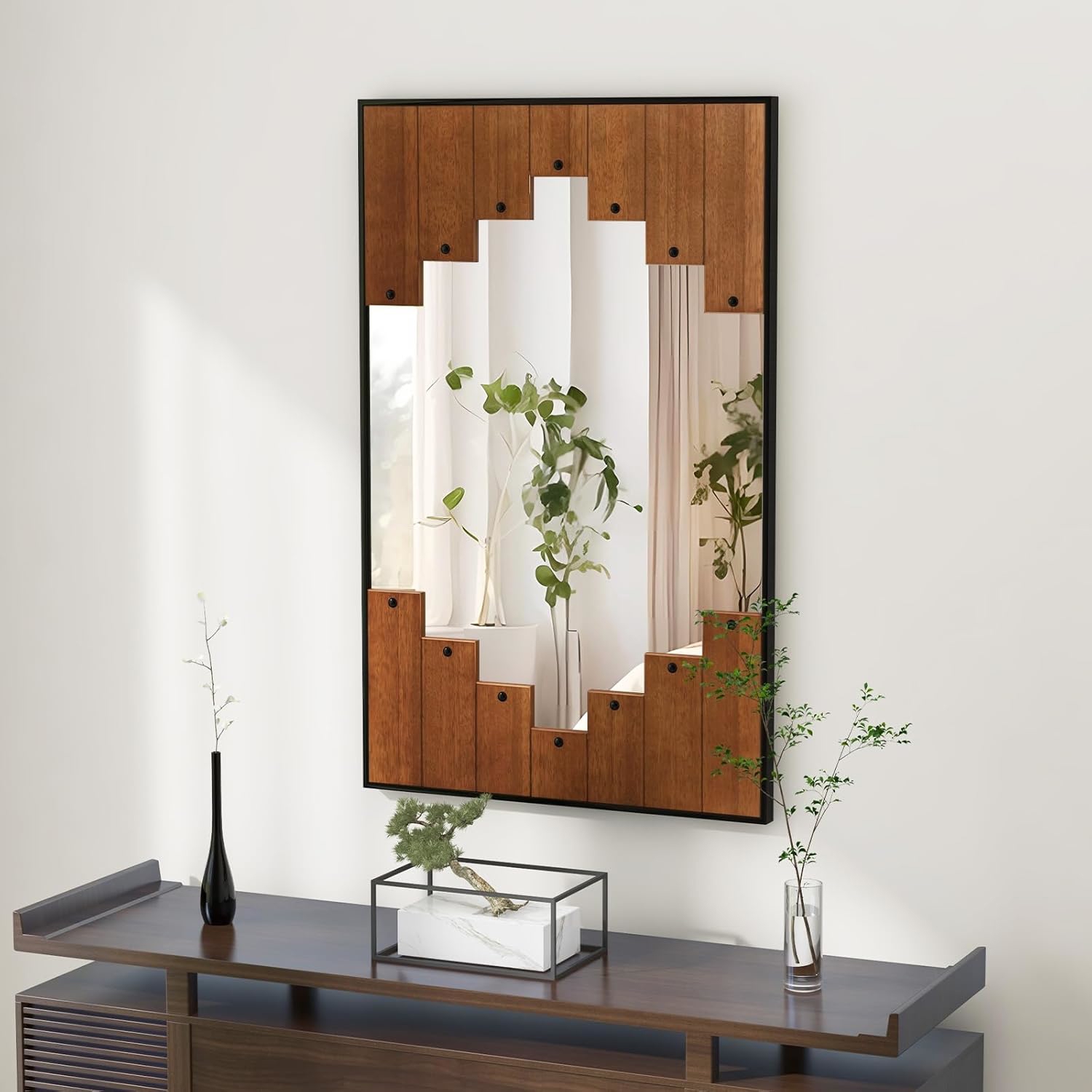 Rectangular Wall Mirror, 95 X 60 Cm Large Wall Mirror With Piano Key Shaped Frame, Hook