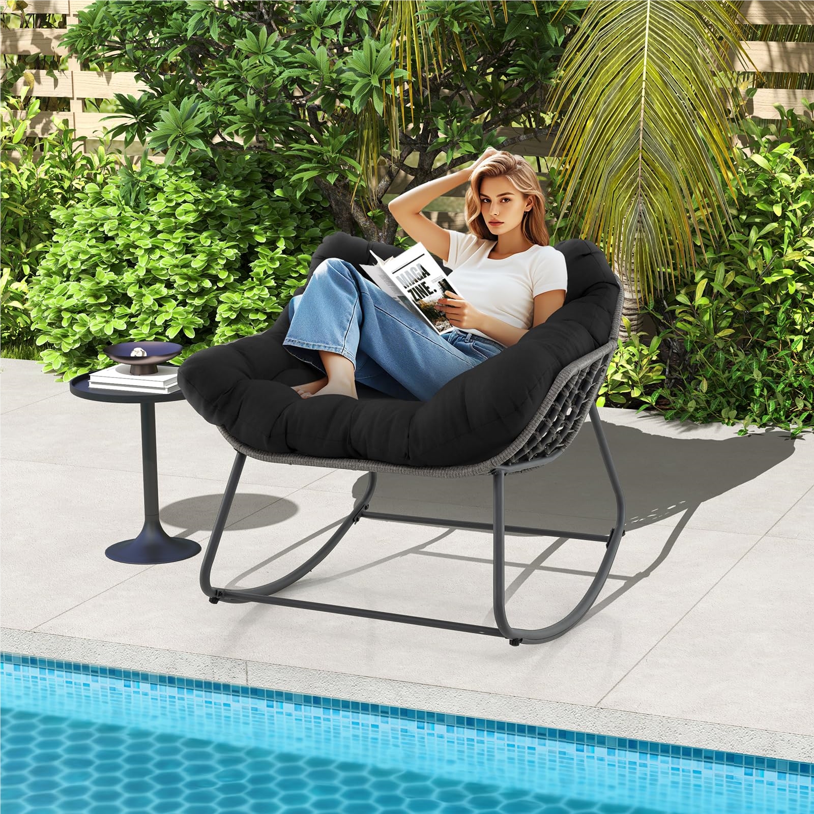 Image of Rocking Chair For Indoors & Outdoors, Oversized Rocking Armchair With Thick & Removable Cushion, Relaxation Chair For Balcony, Garden & Living Room, Black