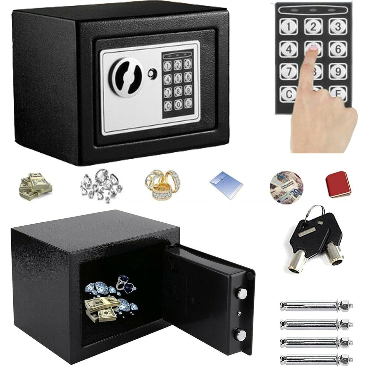 4 6  steel   hotel safes electronic security large capacity with full digit keypad 2 override key 2 installing bolts wall floor 17x23x17cm for home office     grey