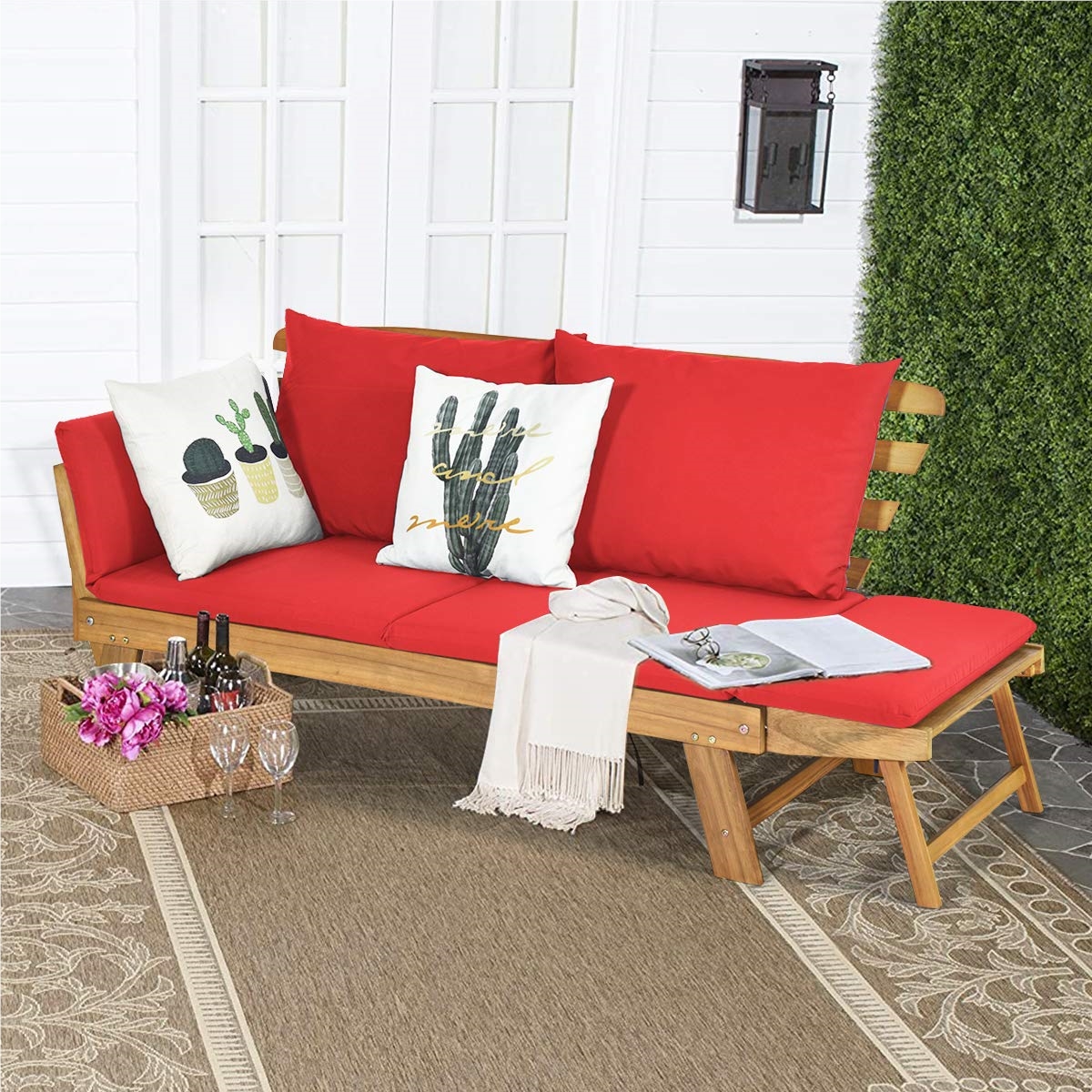 Garden Bench With Reclining Function, Garden Sofa With Cushions And Folding Armrests, Acacia Wood , Balcony Sofa, Garden Couch For Garden, Terrace, Balcony, 198 X 75 X 75 Cm, Red