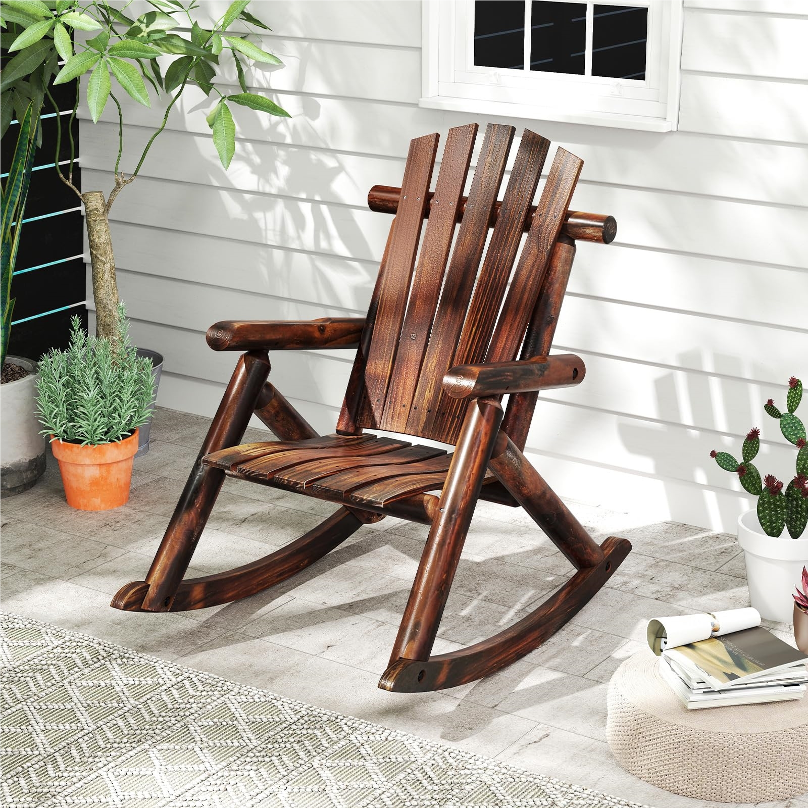Image of Rocking Chair, Solid Wood Rocking Chair, Relaxation Chair With High Backrest And Slatted Seat, Swing Chair, Garden Chair For Garden, Terrace, Balcony