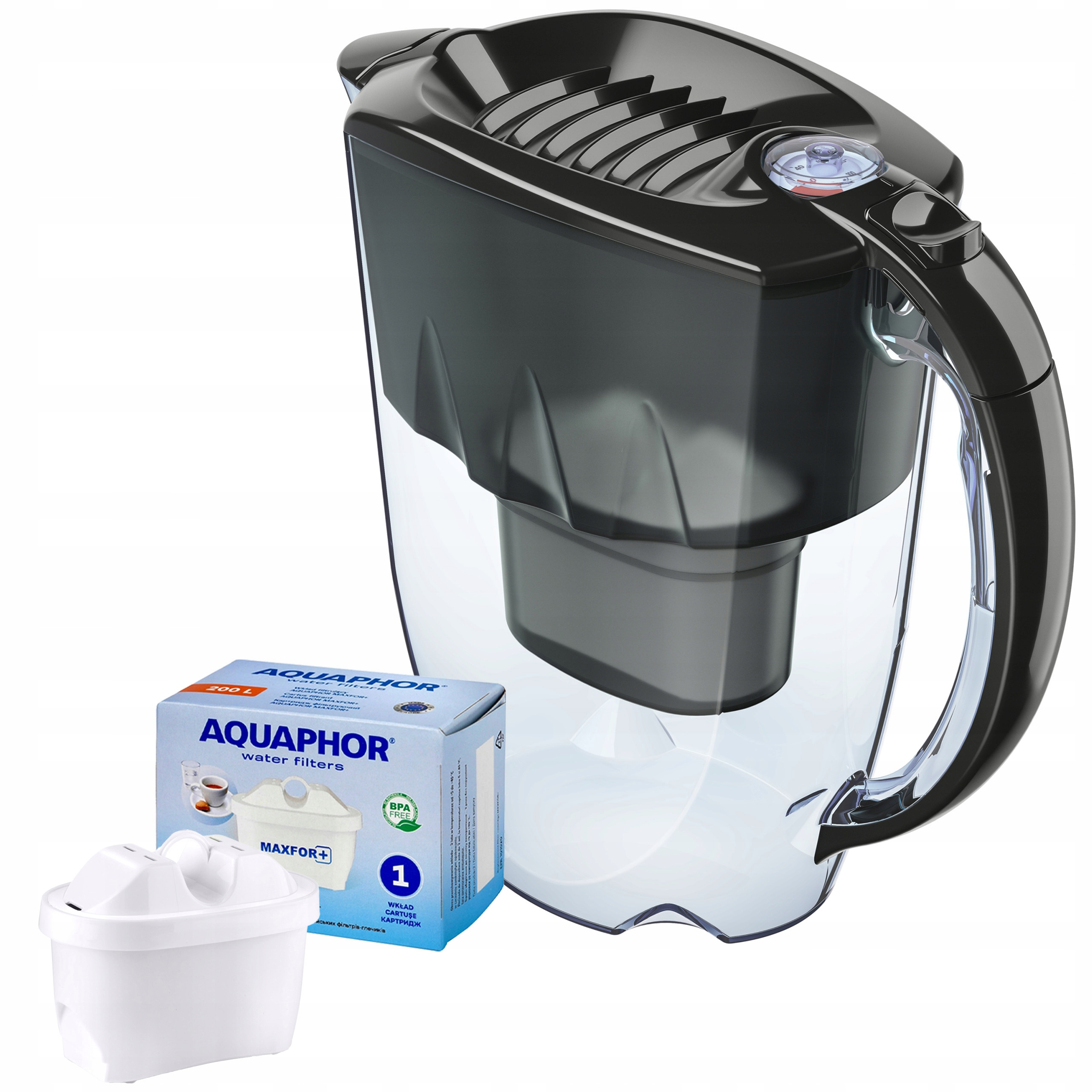 TEMU AQUAPHOR Amethyste Noir Carafe Filtrante 2,8L avec Cartouche Filtre B25 Plus – jusqu'à 200L, Couvercle Coulissant/Ribbed, Indicateur de Durée de